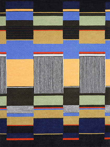 Bauhaus Teppich, gemustert mit blauen, gelben, grünen und roten Rechtecken