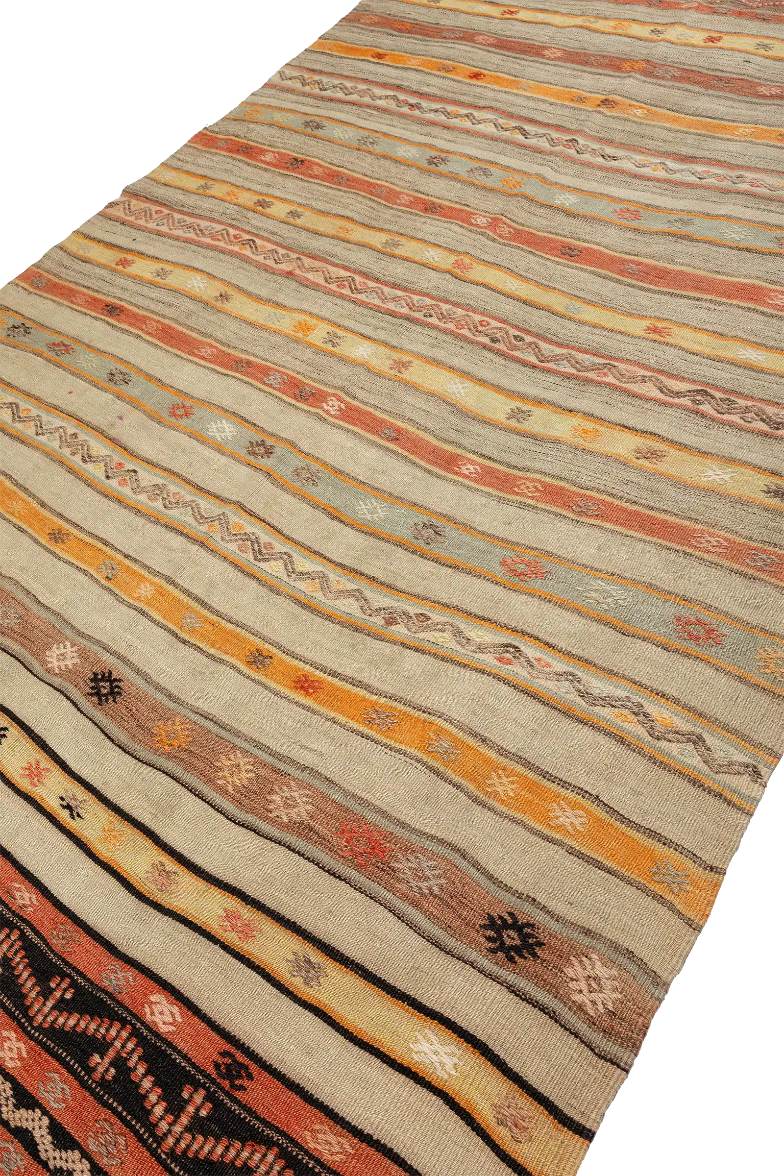 Seitliche Perspektive des Kilims mit sichtbarer Struktur von handgesponnener Wolle und Kamelhaar