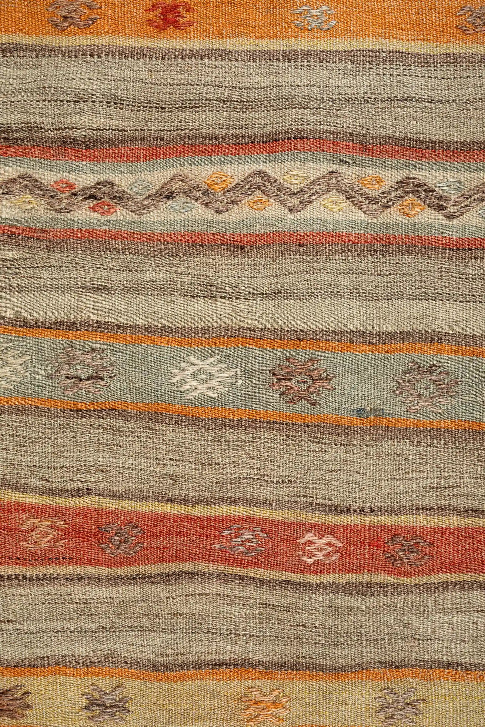 Detailaufnahme des Kilims mit feiner Cicim-Stickerei in warmen Tönen wie Terrakotta, Pistaziengrün und Grau-Blau