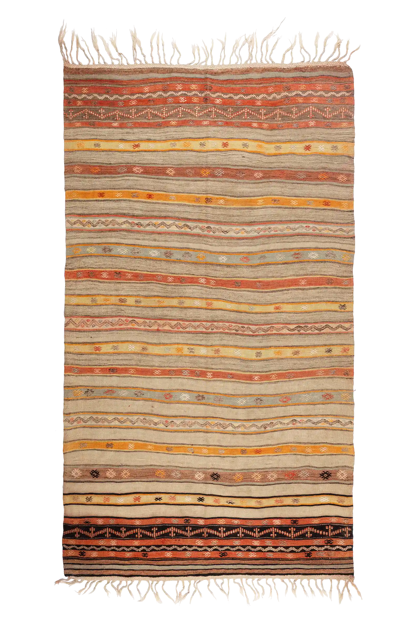 Vorderansicht des handgewebten FETHIYE Kilims mit naturfarbenen Streifen und filigraner Stickerei