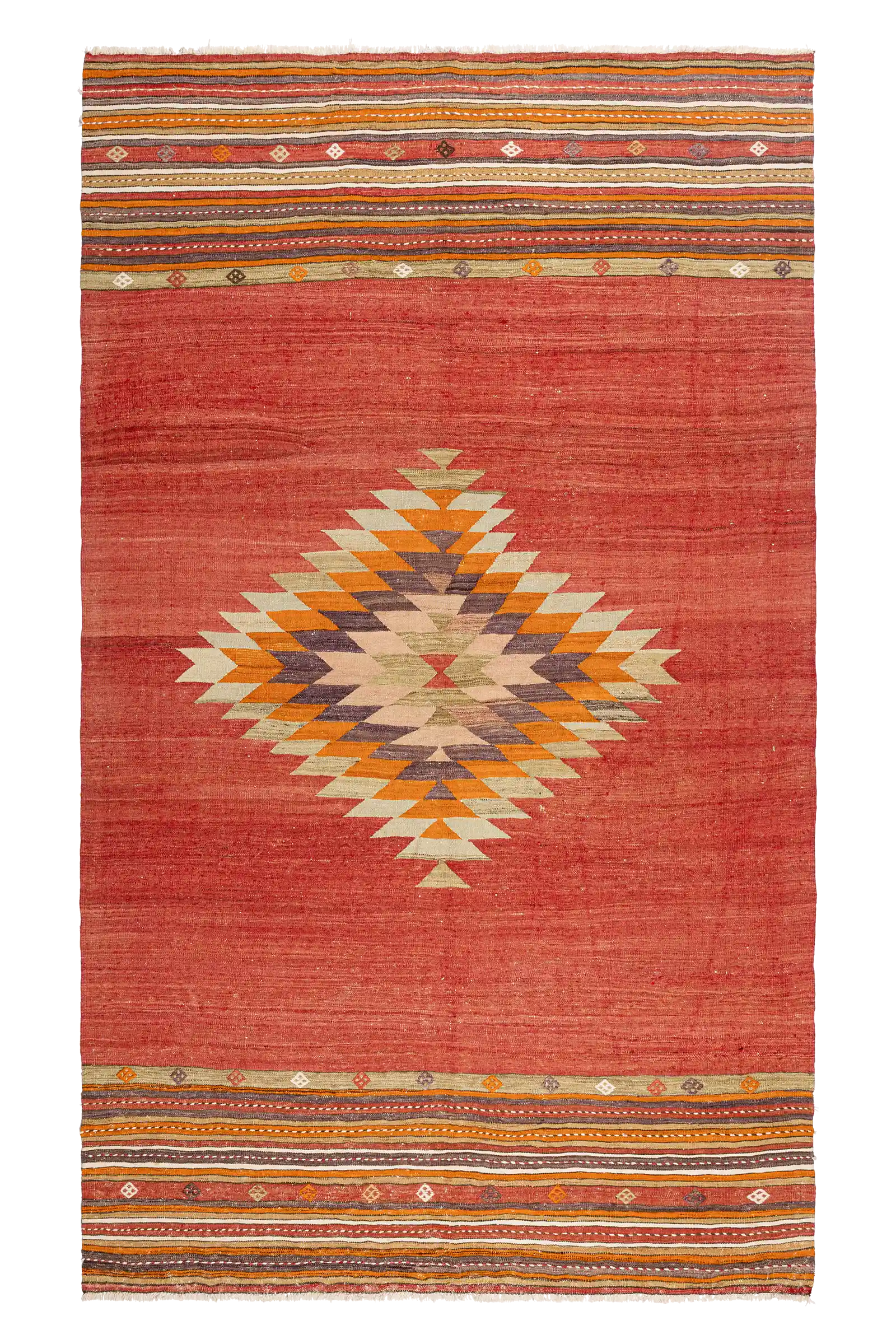 Gesamtansicht des KÜTAHYA Kilims – großzügige Freifläche mit zentraler Raute in Granatrot und zarten Bordüren