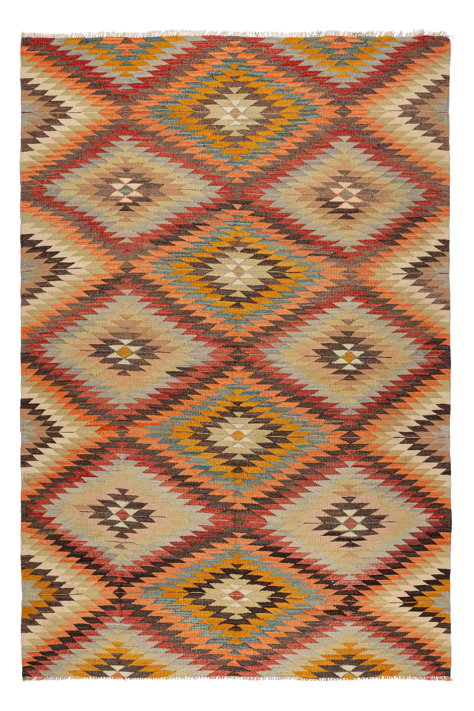 Gesamtansicht des AFYON Kilims – großflächiger Vintage-Kelim mit flächendeckendem Rautenmuster in Indigo, Rostrot, Honiggelb und Schwarzbraun