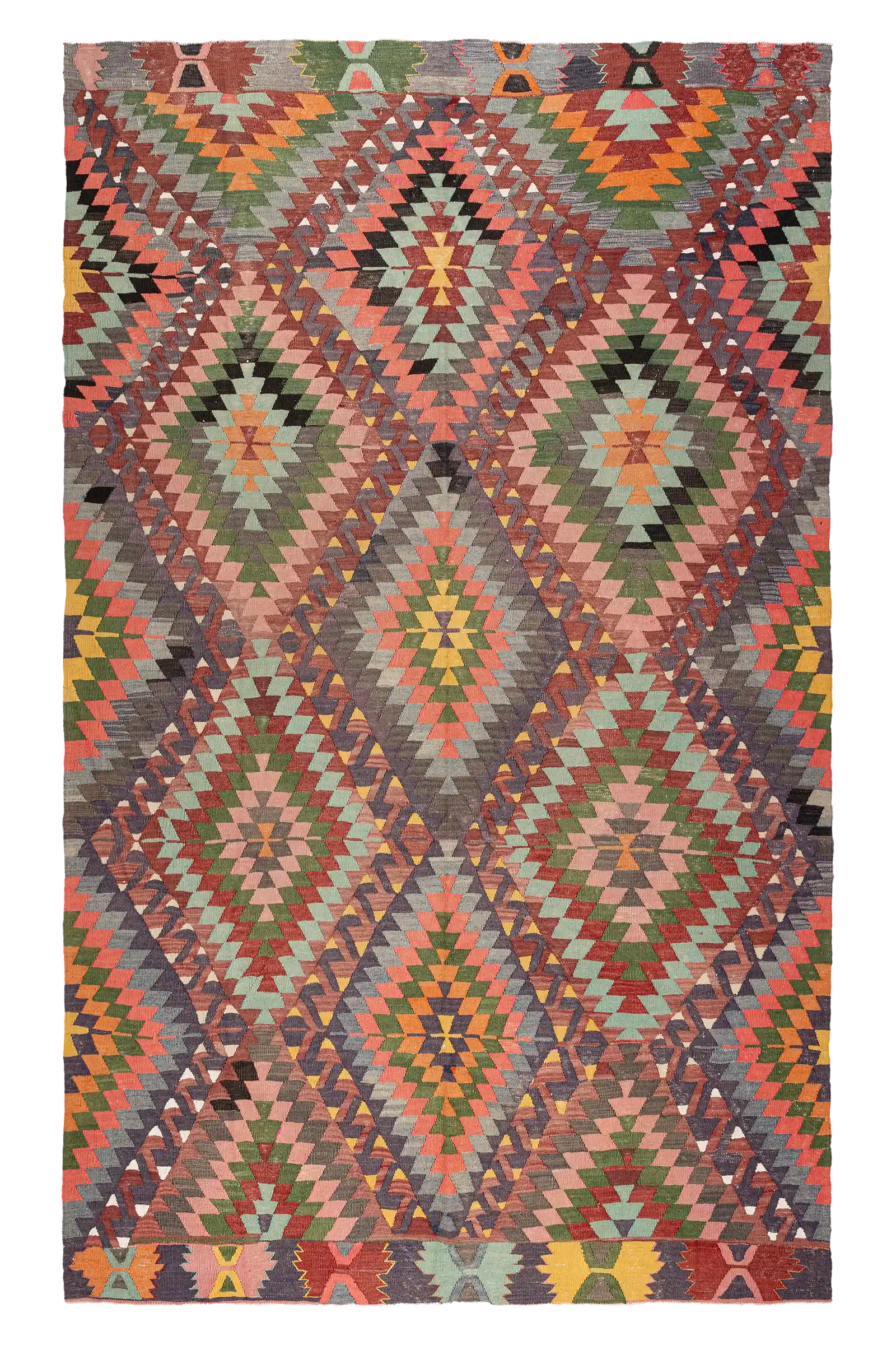 Rechteckiger Vintage-Kelim mit großflächigem Rautenmuster in kräftigen Farben wie Grün, Rosa, Rot, Gelb, Blau, Orange und Violett auf naturfarbenem Grund, eingerahmt von einer geometrisch gemusterten Bordüre an Kopf- und Fußende.