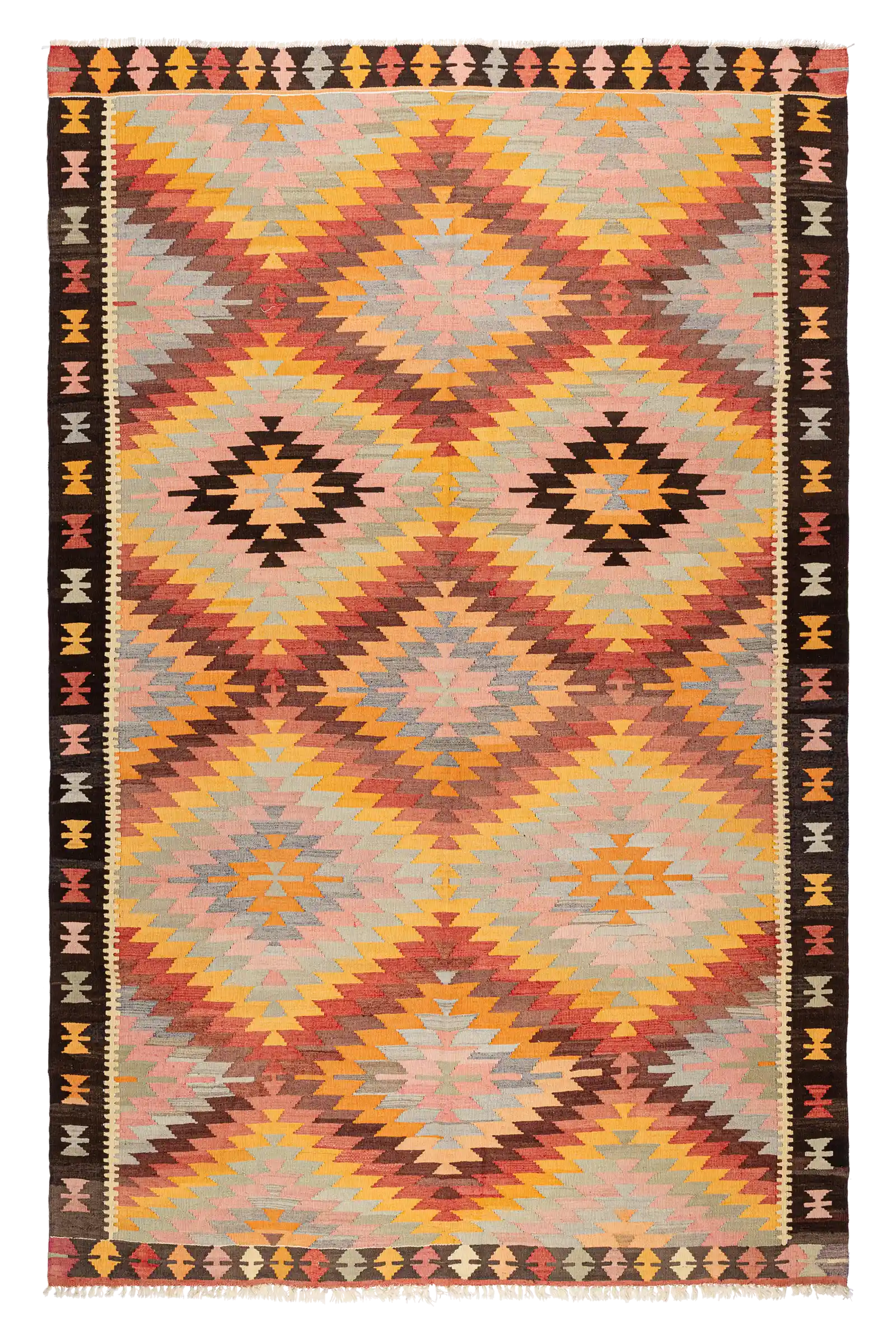 Großformatiger, rechteckiger Vintage-Kelim mit symmetrischem Zickzackmuster in Pastelltönen wie Rosa, Hellblau, Apricot, Ocker und Grau, eingerahmt von einer dunklen Bordüre mit mehrfarbigen geometrischen Motiven.