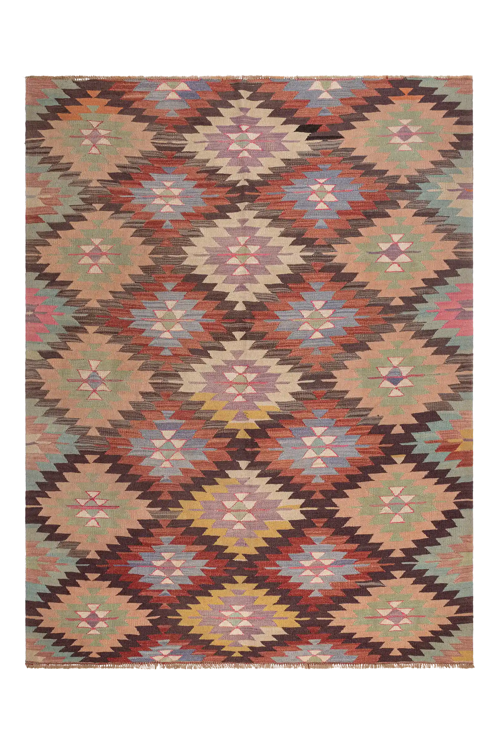 Gesamtansicht des SEYITGAZI Kilims – Vintage-Unikat mit Rautenmotiven in Ziegelrot, Salbei und Rosébeige