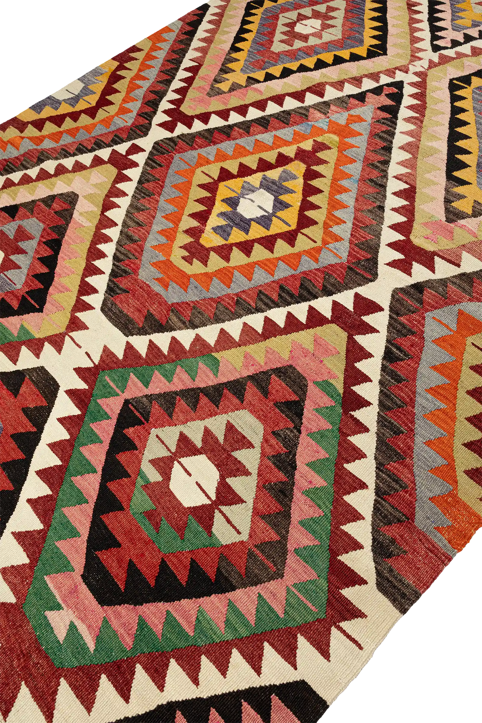 Schräge Seitenansicht des DENIZLI Kilims – Struktur der handgewebten Fläche und Symbolverlauf im seitlichen Winkel
