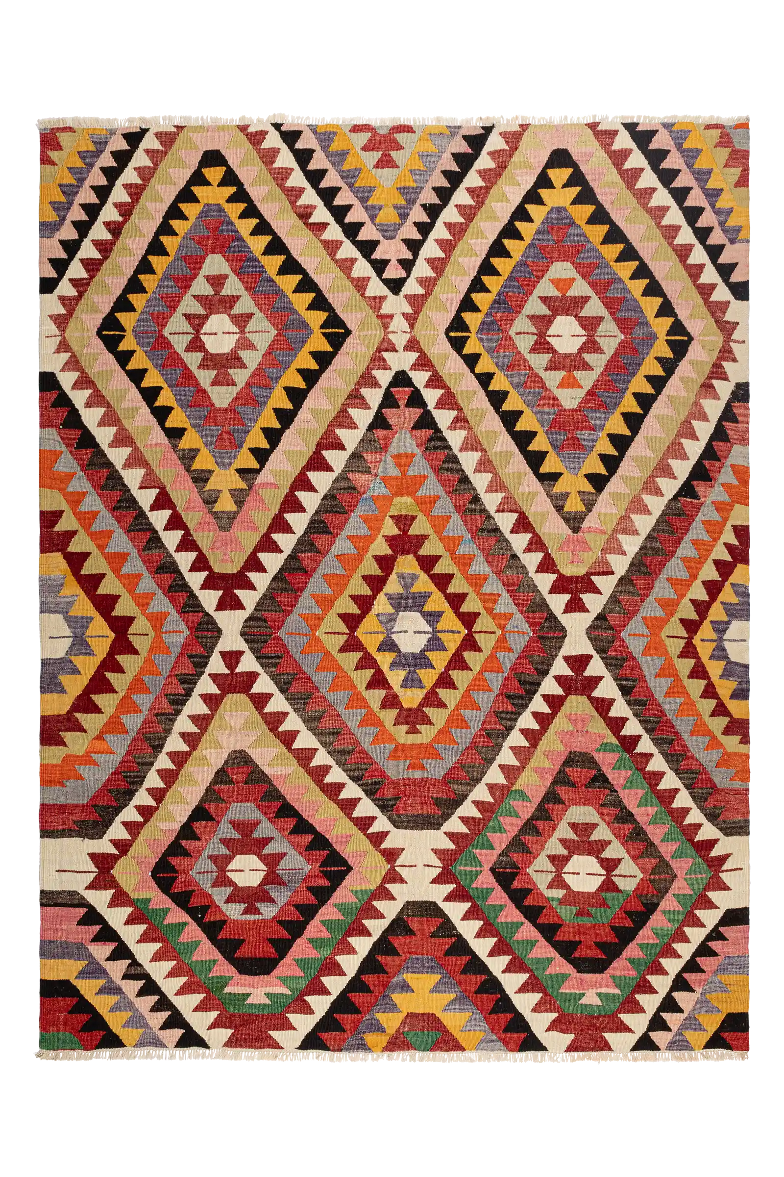 Gesamtansicht des DENIZLI Kilims – symmetrisch aufgebautes Design mit geometrischer Mittelachse und naturfarbenem Grundton