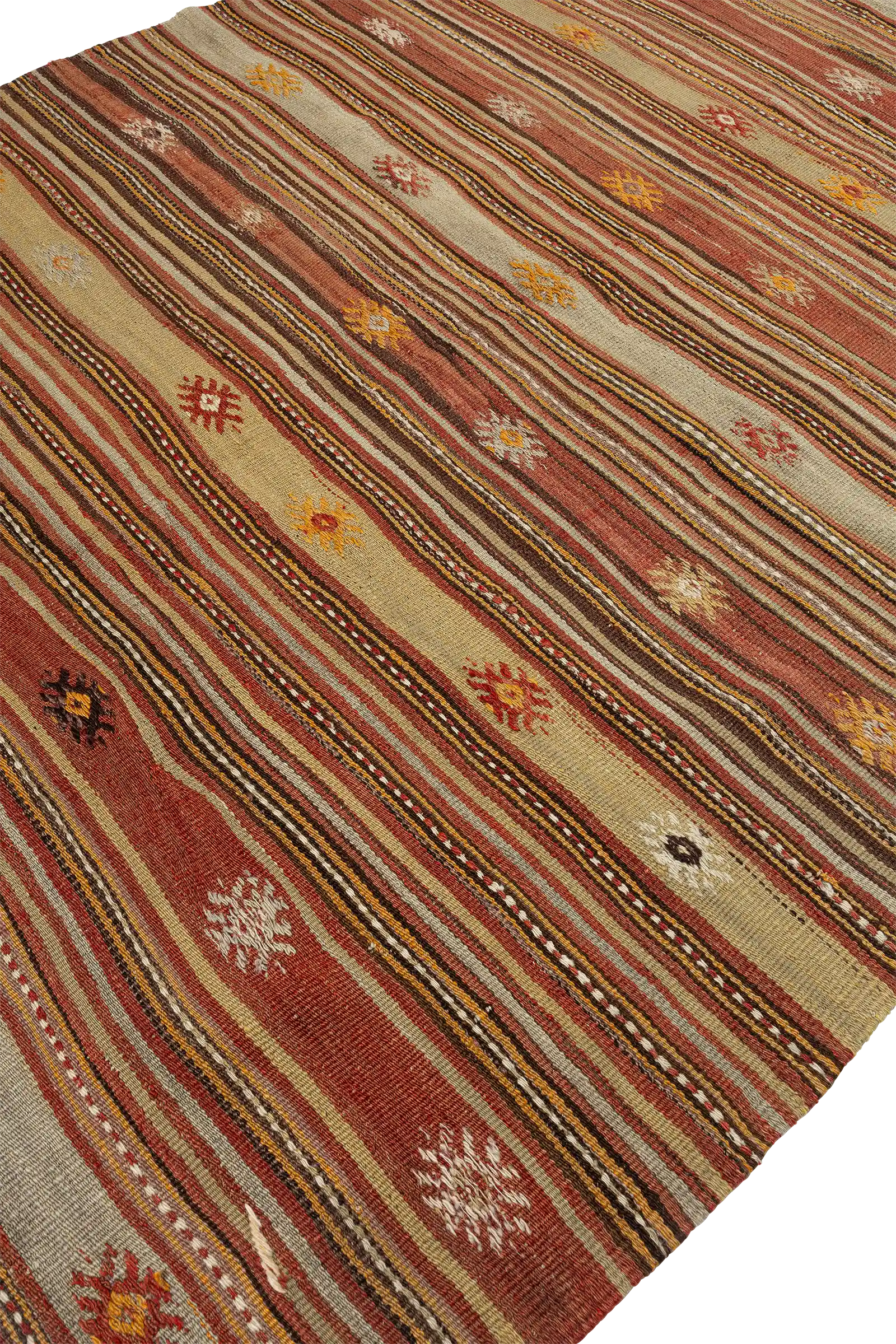 Schräge Seitenansicht des Kilims – zeigt natürliche Unregelmäßigkeit der Handwebung und die Tiefe der changierenden Wollstreifen