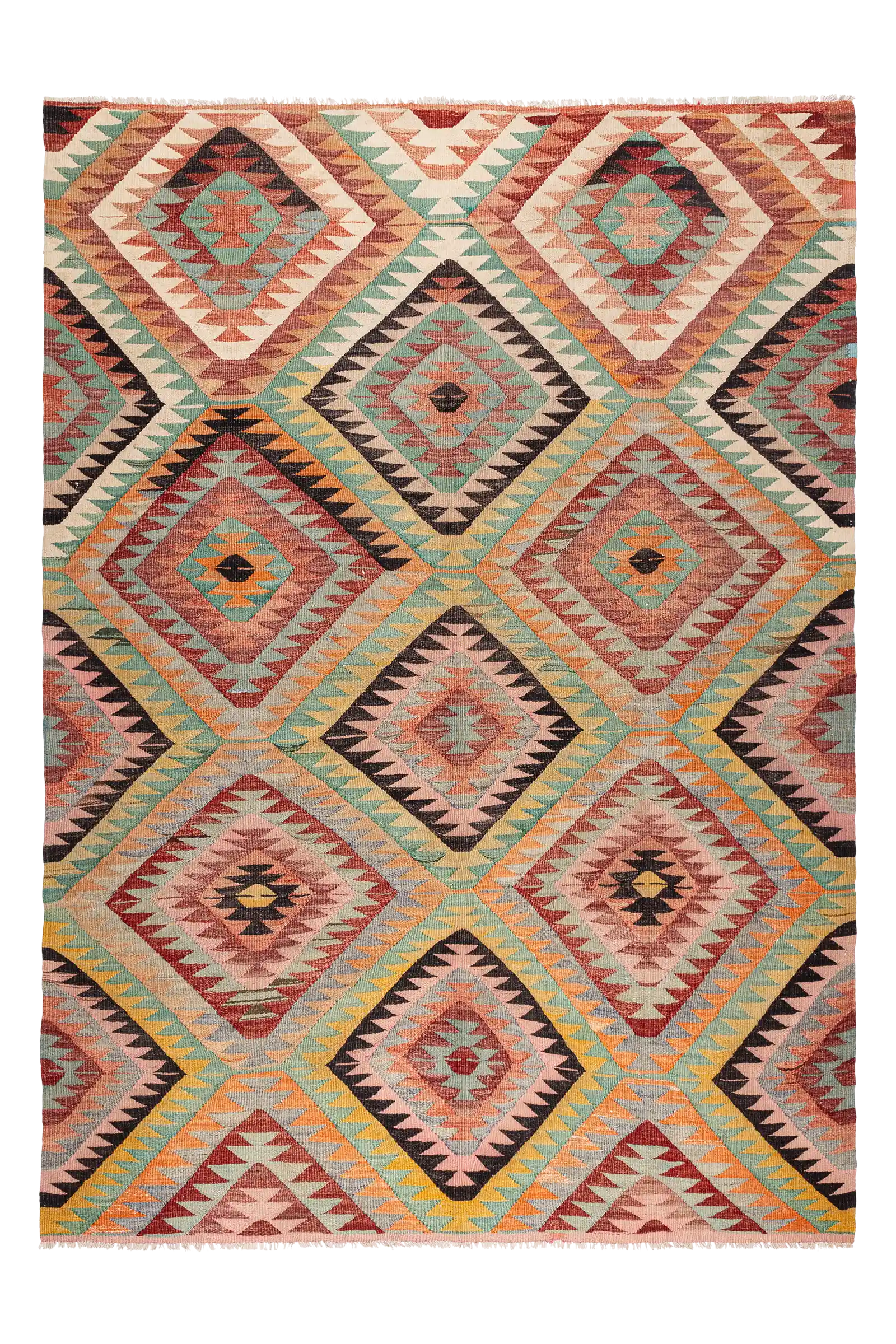 Gesamtansicht des DENIZLI Kilims – mittelgroßer Teppich mit gleichmäßig verteilten Rautenfeldern in Türkis, Creme, Altrosa, Schwarz und Rost auf sandfarbenem Grund