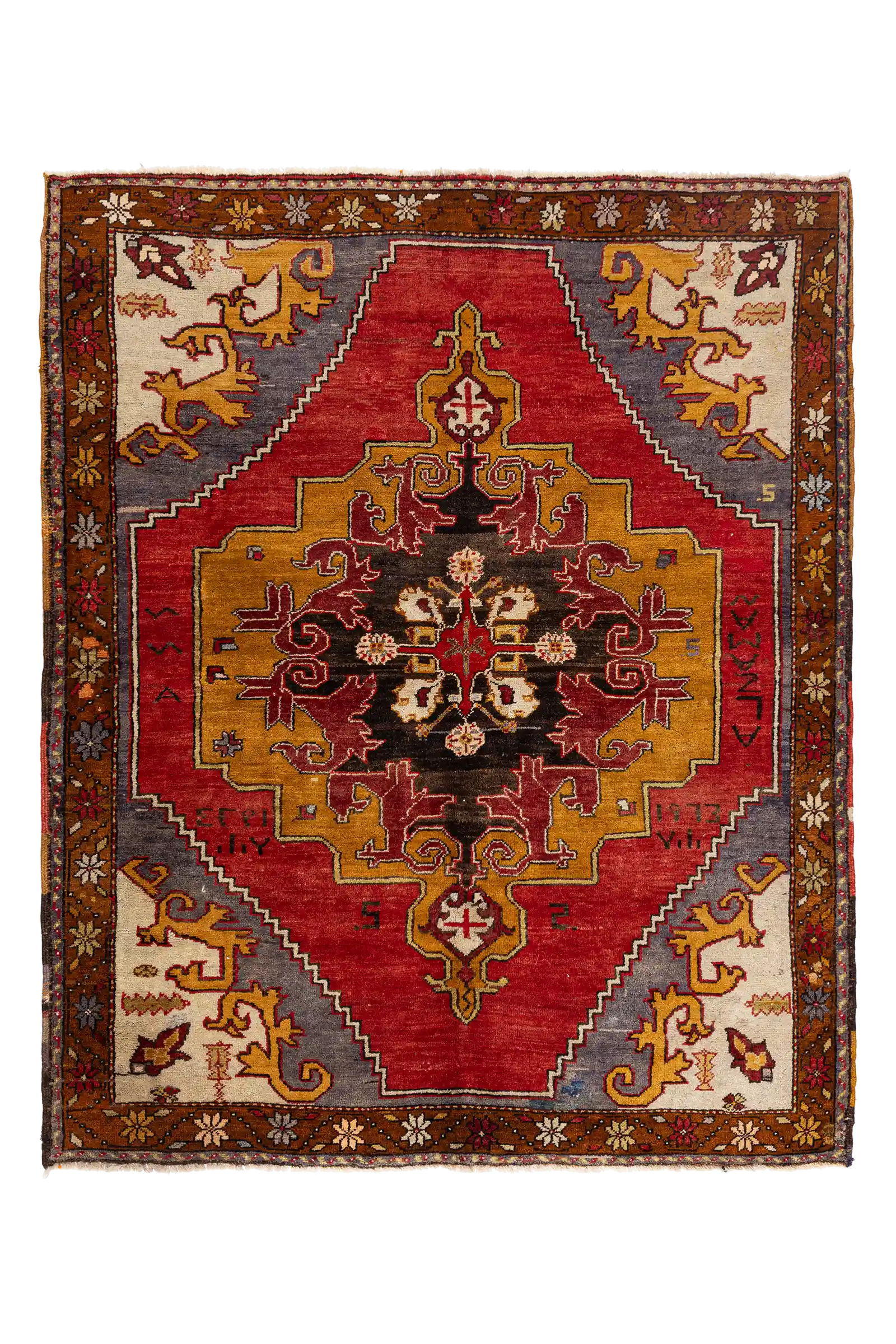 Gesamtansicht des KONYA Vintage-Teppichs – mittelformatiger handgeknüpfter Teppich mit zentralem Medaillon in Schwarz und Gold, rotem Fond und floralen Eckfeldern in Beige, Blau und Braun