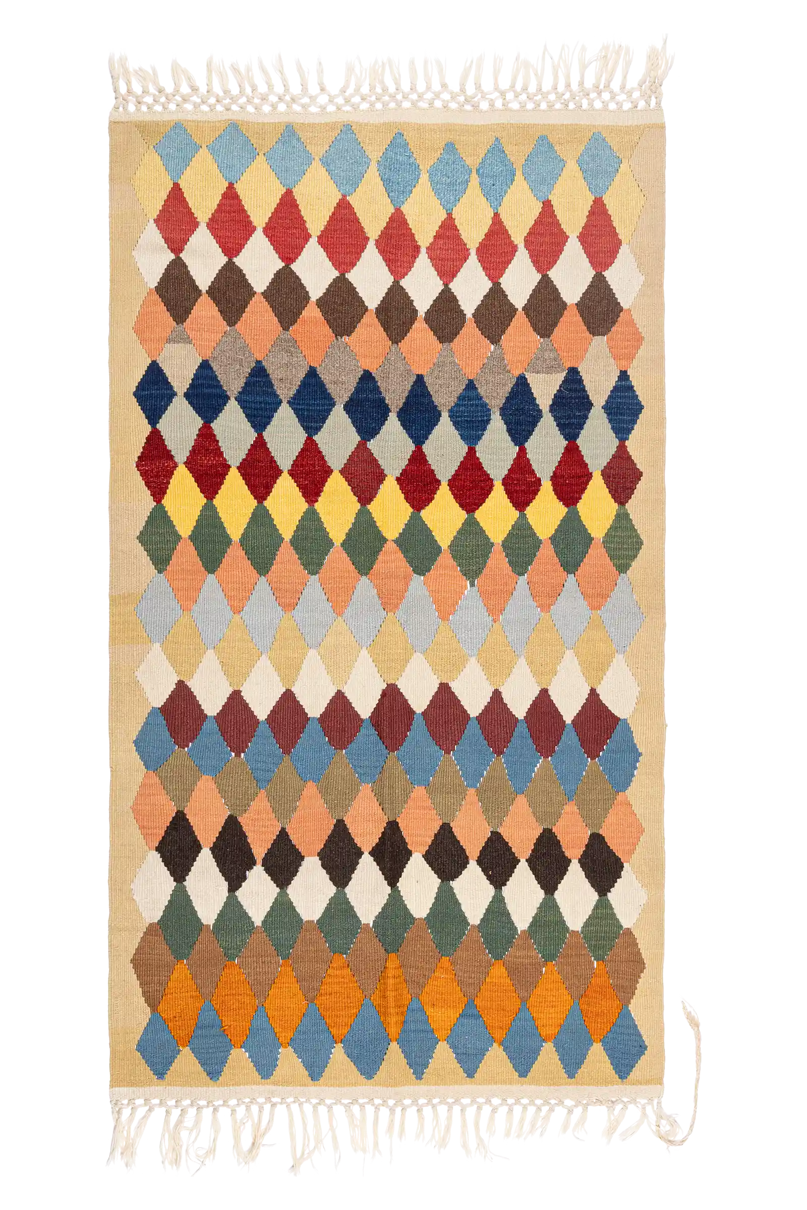 Gesamtansicht des MARDIN Kelims – rechteckiger Vintage-Kelim mit gleichmäßig gesetzten, mehrfarbigen Rauten auf hellem Grund. Die Motive wechseln in Farben wie Blau, Ziegelrot, Senfgelb, Creme, Schwarz und Olivgrün. Die diagonale Anordnung verleiht dem Stück ein rhythmisches, grafisches Gesamtbild.