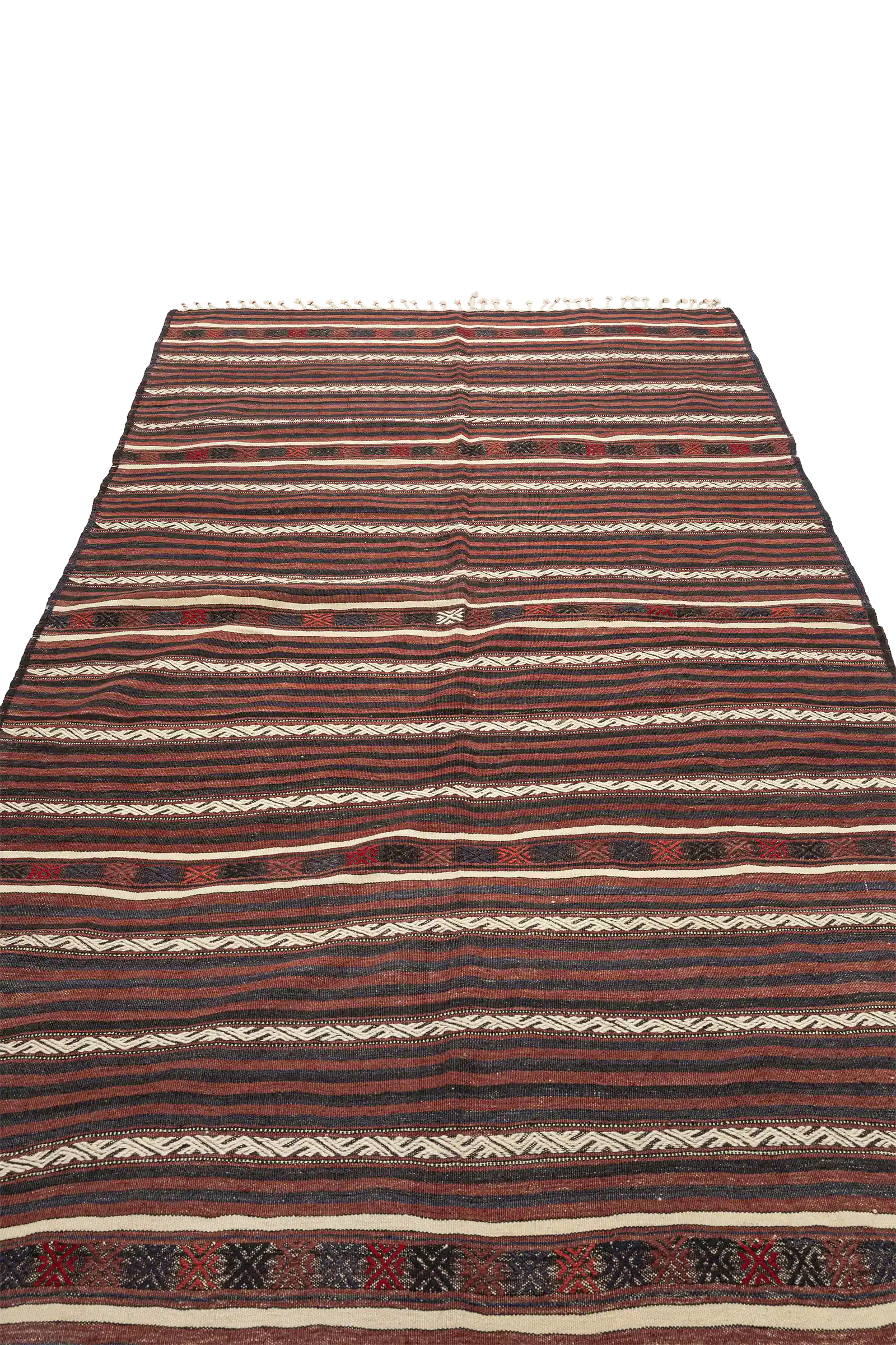 Perspektivische Ansicht – leicht schräger Blick auf die Streifenanordnung, bei der sich kräftige Linien in Braun, Schwarz und Beige mit gewebten Ornamentstreifen abwechseln