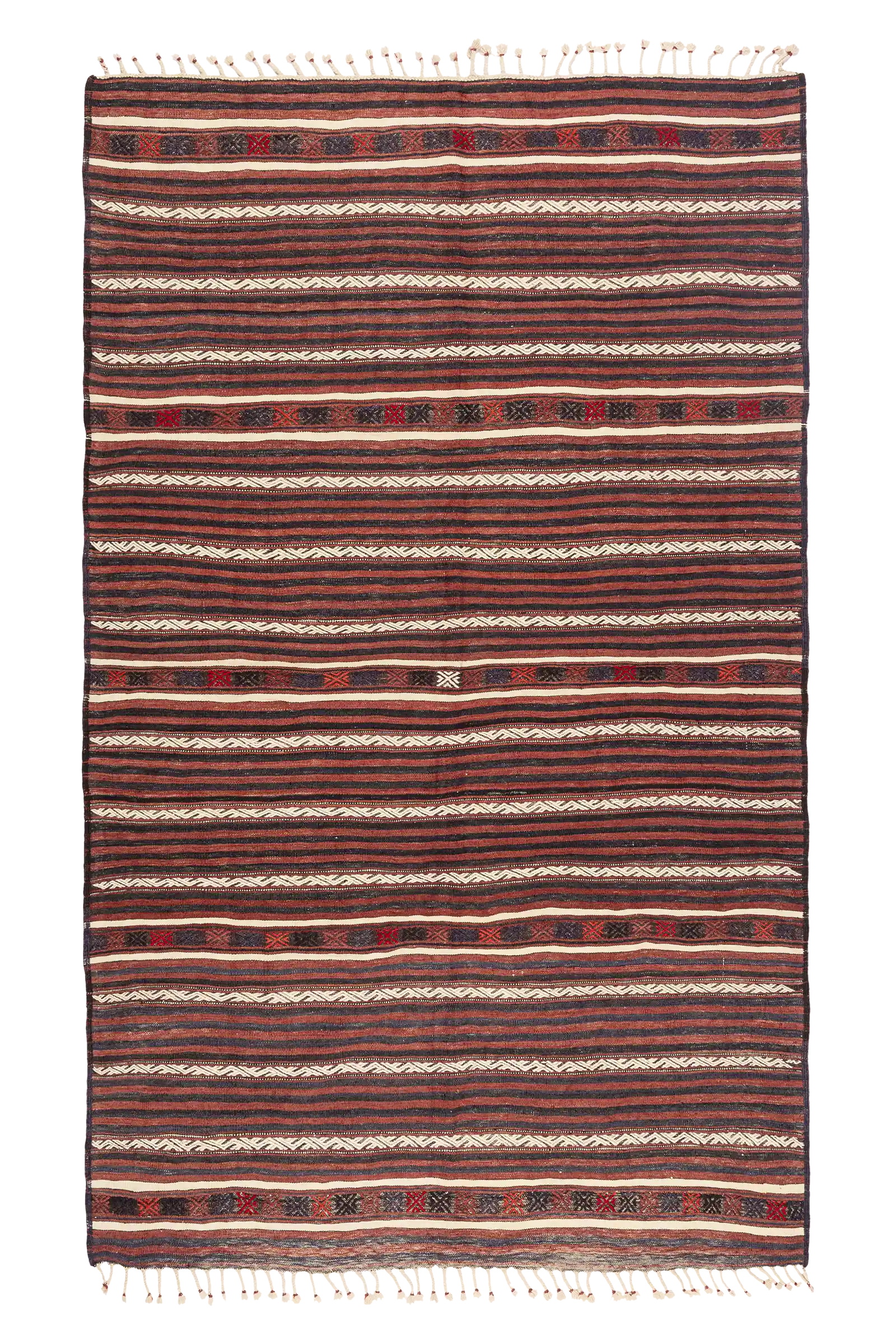 Gesamtansicht des YAGCIBEDIR Kilims – rechteckiger Kelim mit horizontaler Streifenanordnung in Schwarz, Dunkelblau, Braun und Rostrot, unterbrochen von weißen Streifen mit geometrischen Mustern sowie Reihen dunkler Rautenformen in Rot, Schwarz und Blau