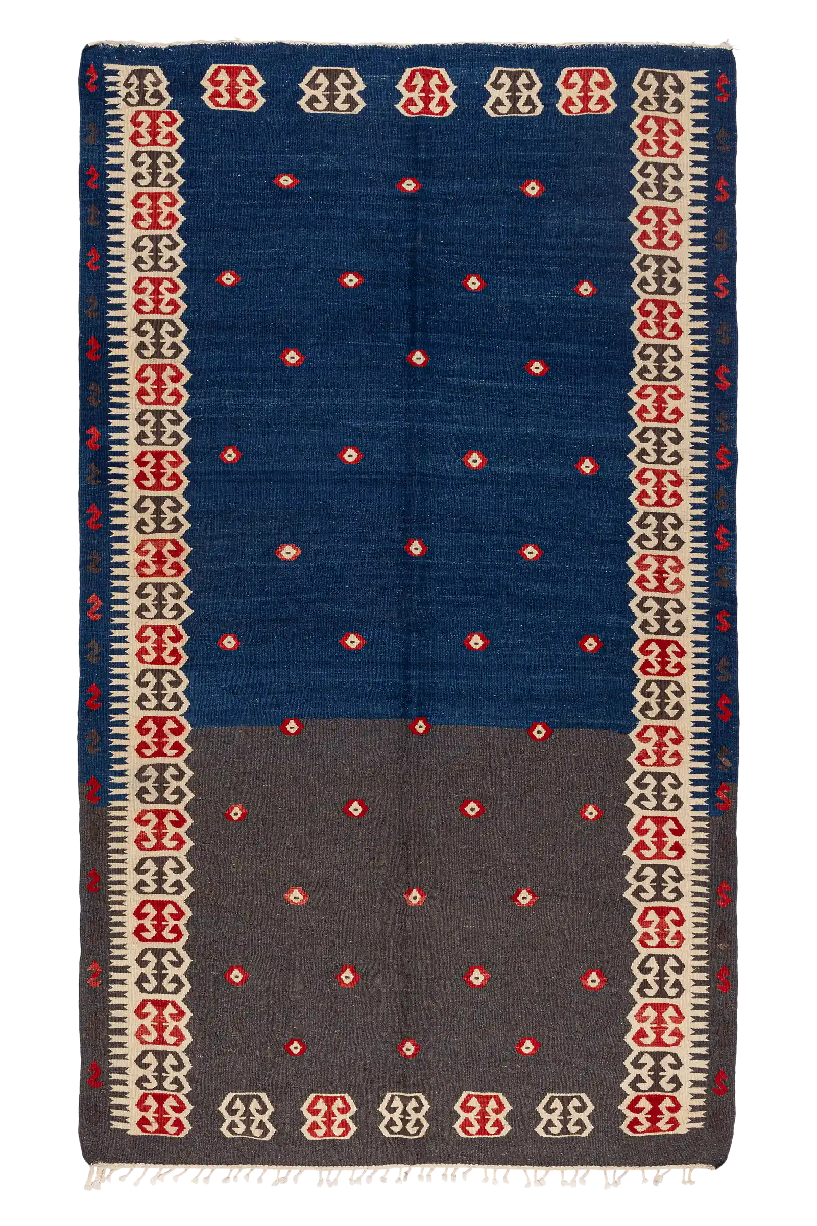 Handgewebter Vintage-Kelim mit klarer Zweiteilung in dunklem Grau und tiefem Indigo-Blau, geschmückt mit kleinen roten Blütenmotiven und einem umlaufenden geometrischen Bordürenmuster in Rot, Braun und Beige.