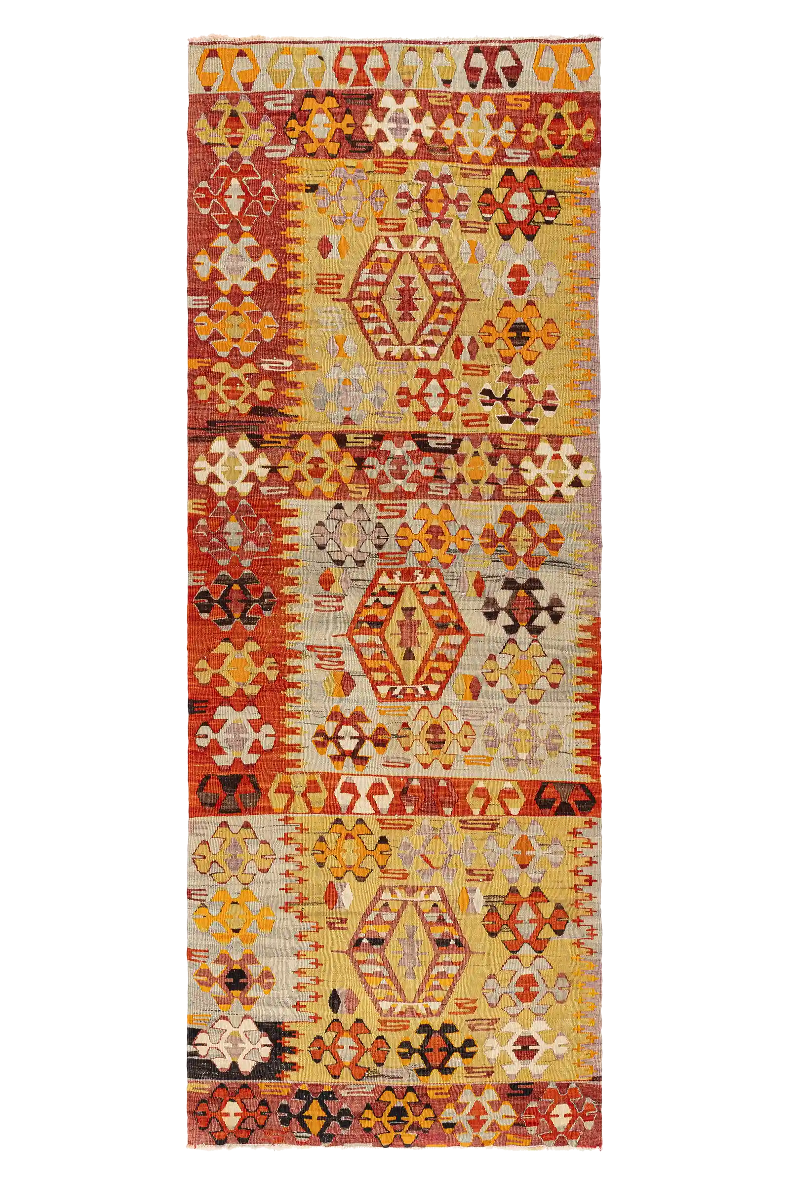 Rechteckiger Vintage-Kelim mit drei großen, zentralen Sechseckmedaillons auf hellem Grund, umgeben von geometrischen, mehrfarbigen Mustern in Rot, Ocker, Schwarz, Lila und Orange. Die Endzonen sind gesäumt von farblich abgesetzten Bordüren.