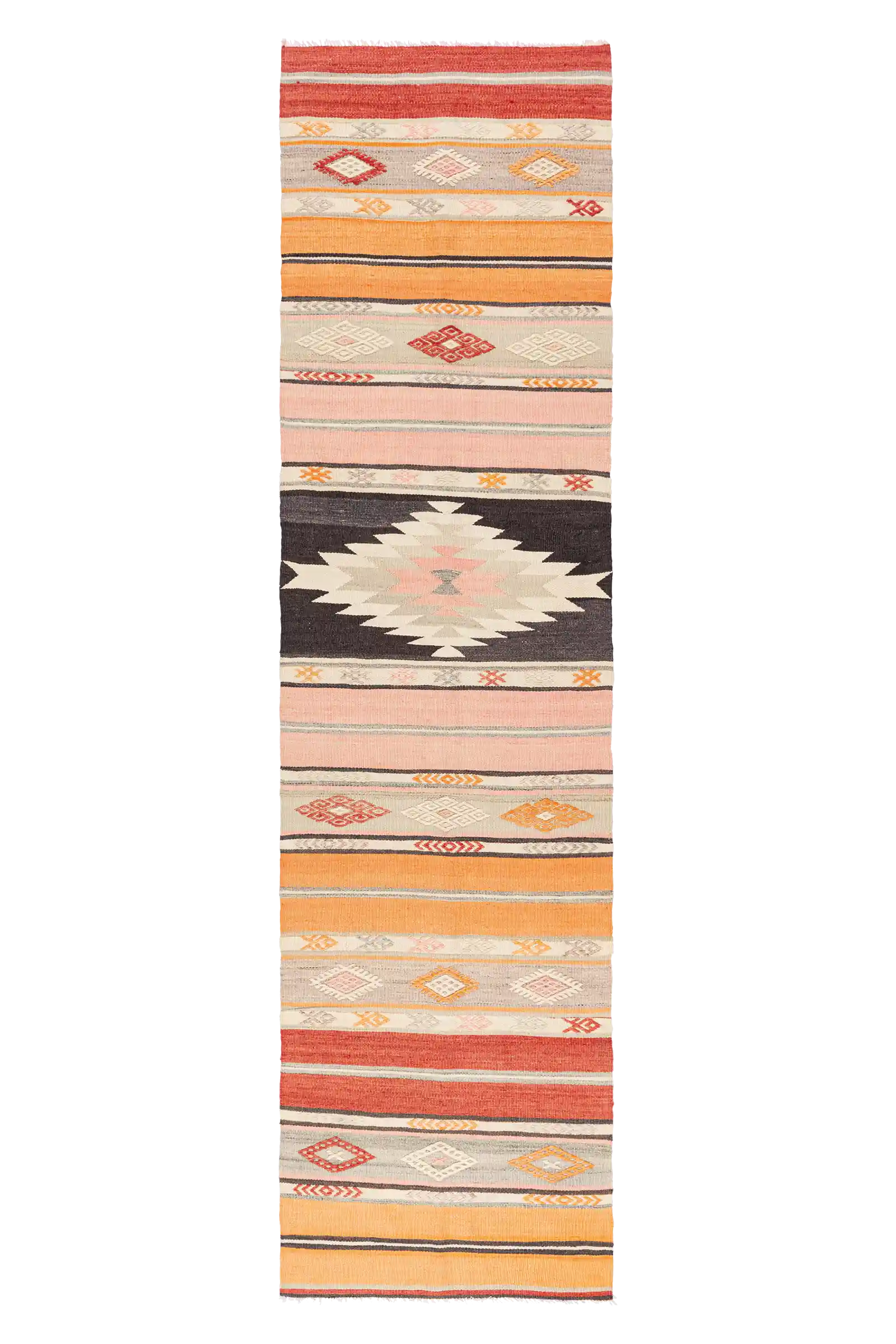 Gesamtansicht des DENIZLI Kelims – schmaler Vintage-Kelim im Läuferformat mit zentralem Medaillon und fein eingestreuten Symbolen