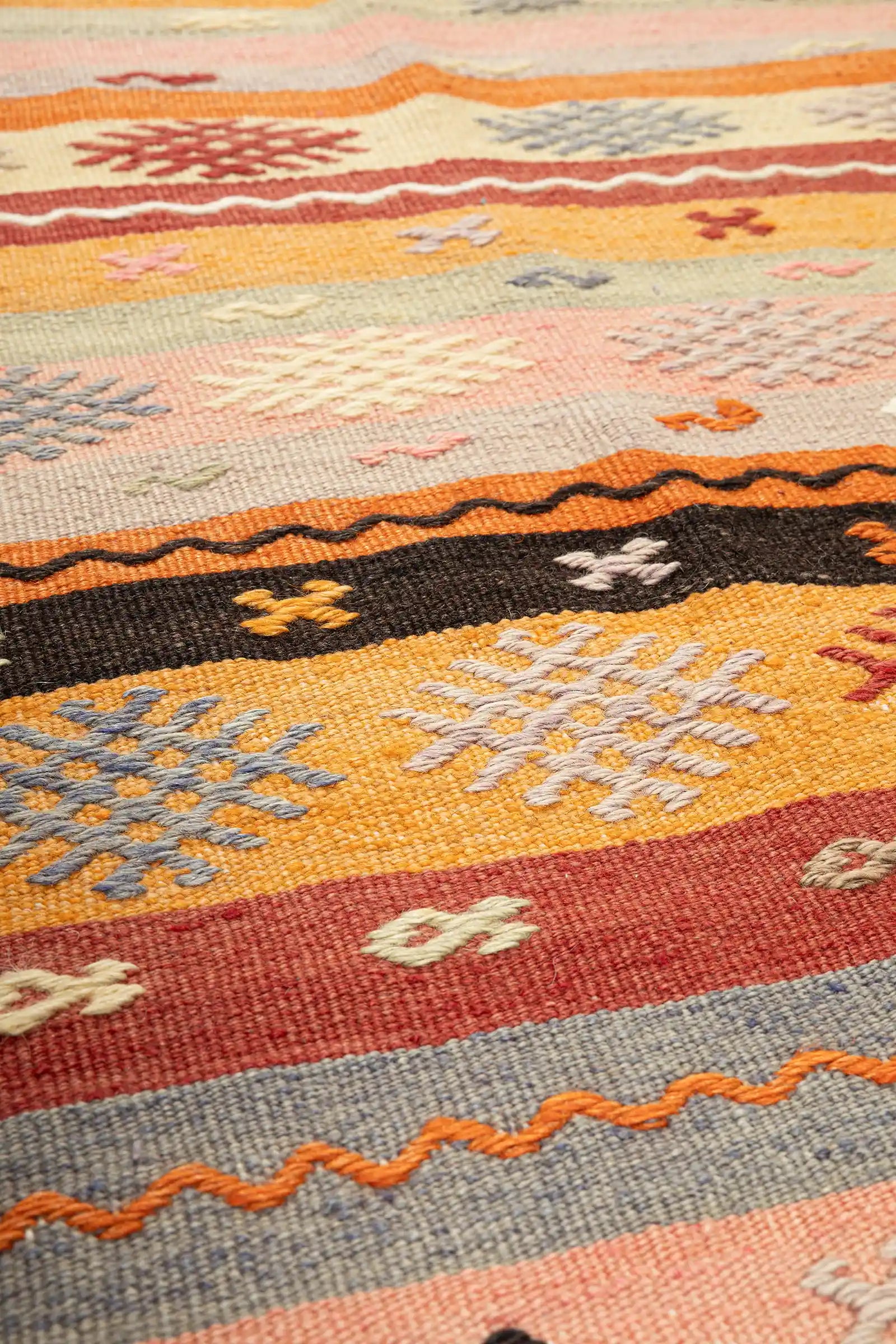 Nahaufnahme der Textur – eng gewebte Wollstruktur mit leicht erhobenen Musterelementen und klar sichtbaren Farbwechseln im Garn