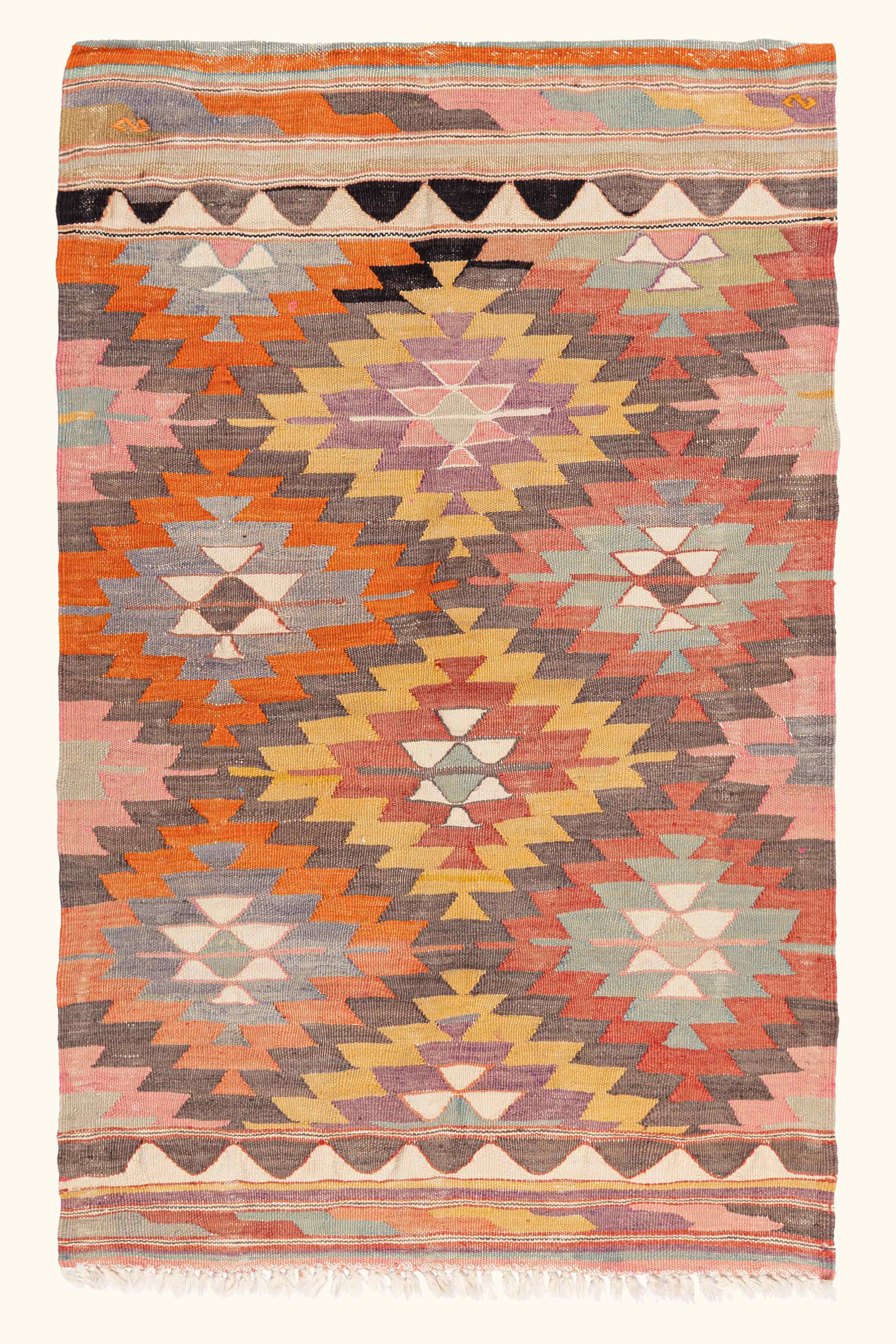 Vintage-Kelim aus Denizli, 125×80 cm, flach ausgelegt – gewebtes Unikat mit feiner Cicim-Stickerei in Pastelltönen