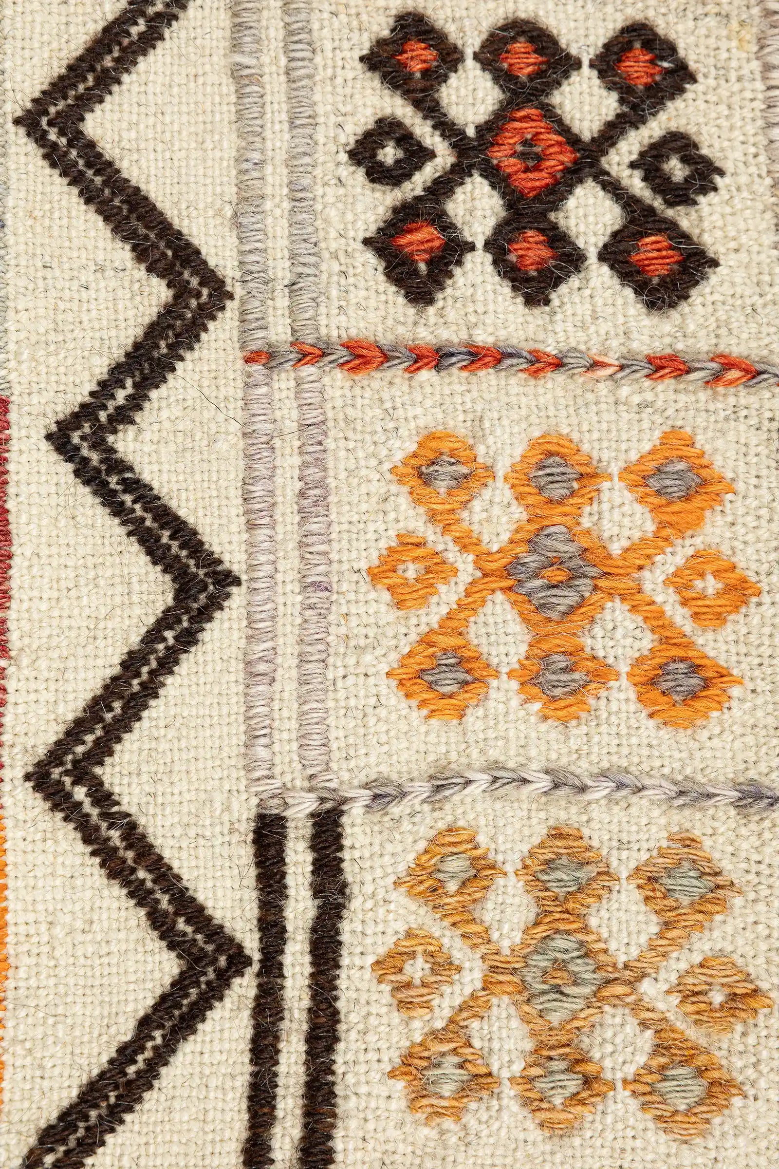 Nahansicht zeigt farbige Rechteckfelder mit zentral platzierten, stilisierten Blumenformen in Schwarz, Orange, Rostrot und Lila – sauber abgesetzt durch dunkle Trennlinien auf heller Grundfläche.