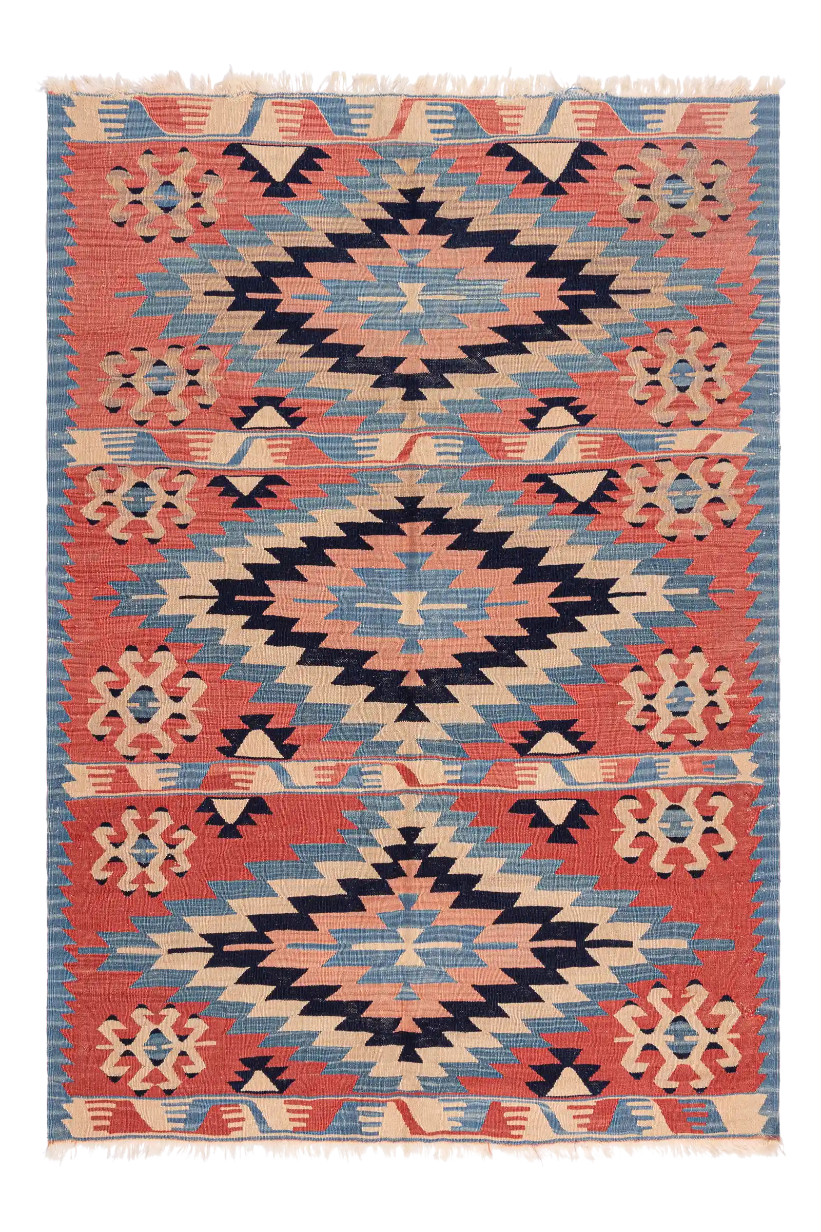Gesamtansicht des USAK Kilims – kleiner Vintage-Kelim mit kräftiger Mittelraute in Rostrot und ornamentalen Bordüren