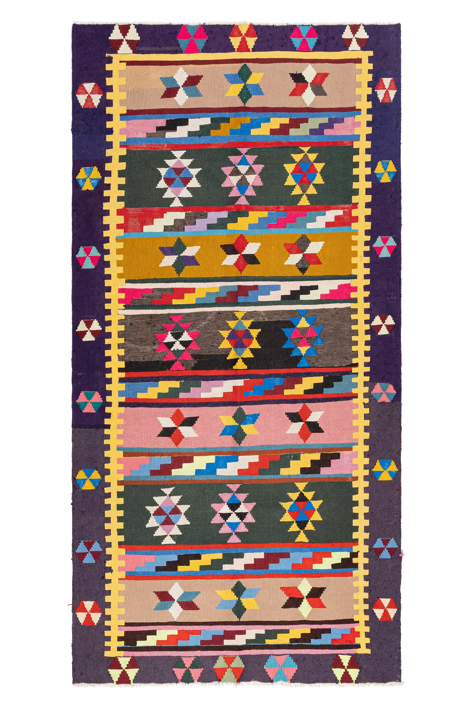 Gesamtansicht des AFYON Kilims – farbenfroher Vintage-Kelim mit symbolischen Streifen und intensiver Farbpalette