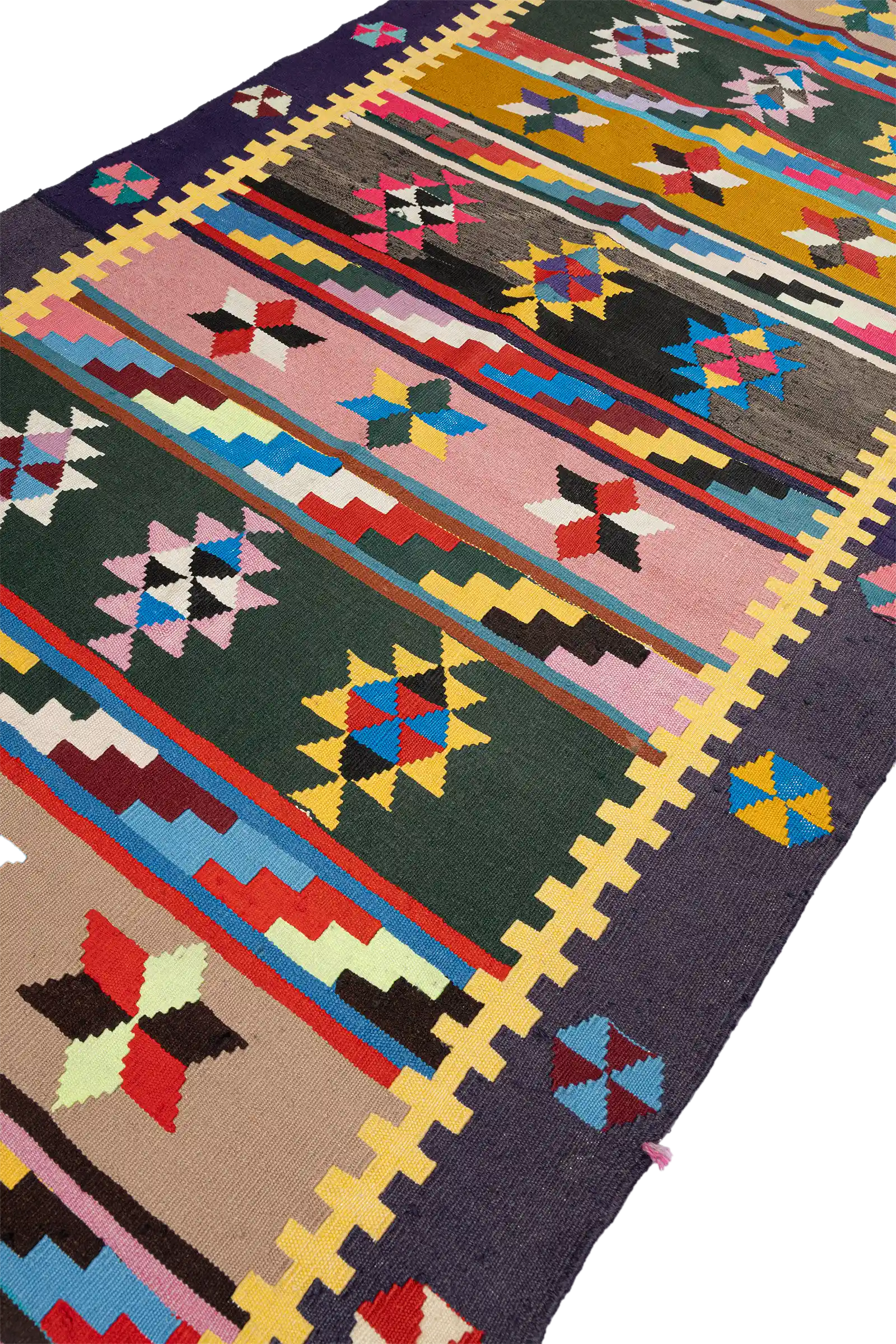 Schräge Seitenansicht des AFYON Kilims – zeigt die Dynamik der Muster im seitlichen Blickwinkel