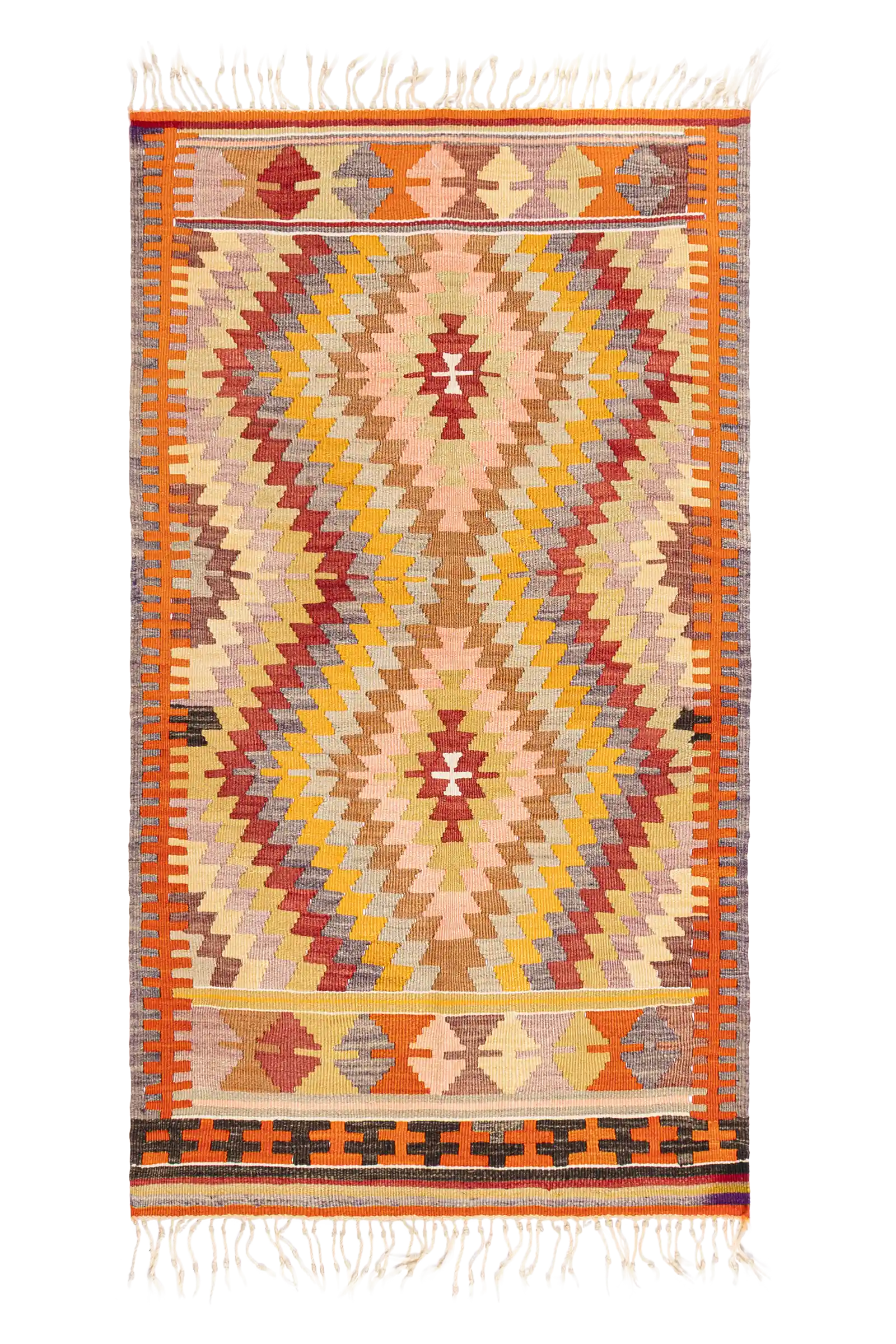 Gesamtansicht des BARAK Kilims – kleiner, kräftig gemusterter Kelim mit zentralem Rautenfeld in warmen Tönen und geometrisch gerahmter Bordüre in Orange, Schwarz und Beige