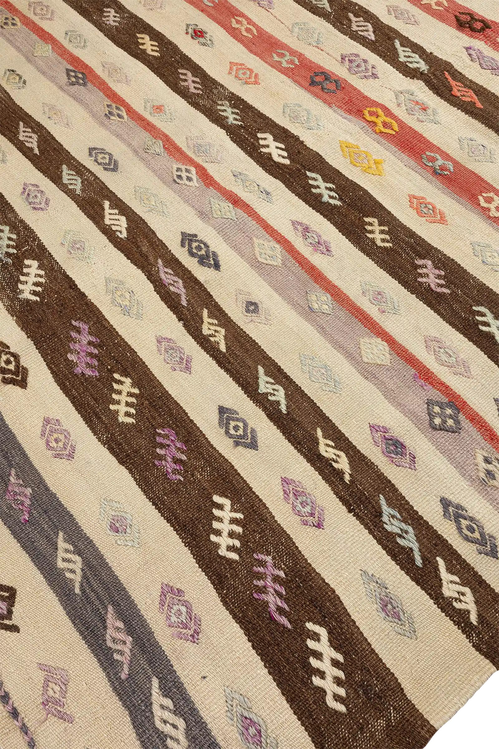 Schräge Seitenansicht des Kilims – zeigt die klare Abfolge der horizontalen Streifen mit farblich wechselnden Mustern aus leichtem Winkel
