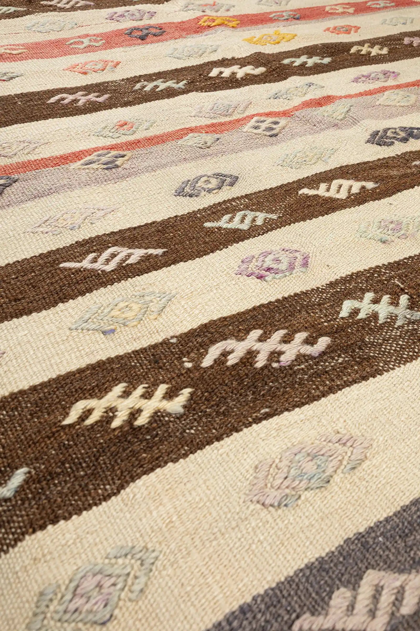 Nahaufnahme der Textur – handgewebte Wollfläche mit sichtbar strukturierter Faser und dezenter Garnverdickung entlang der Stickereien