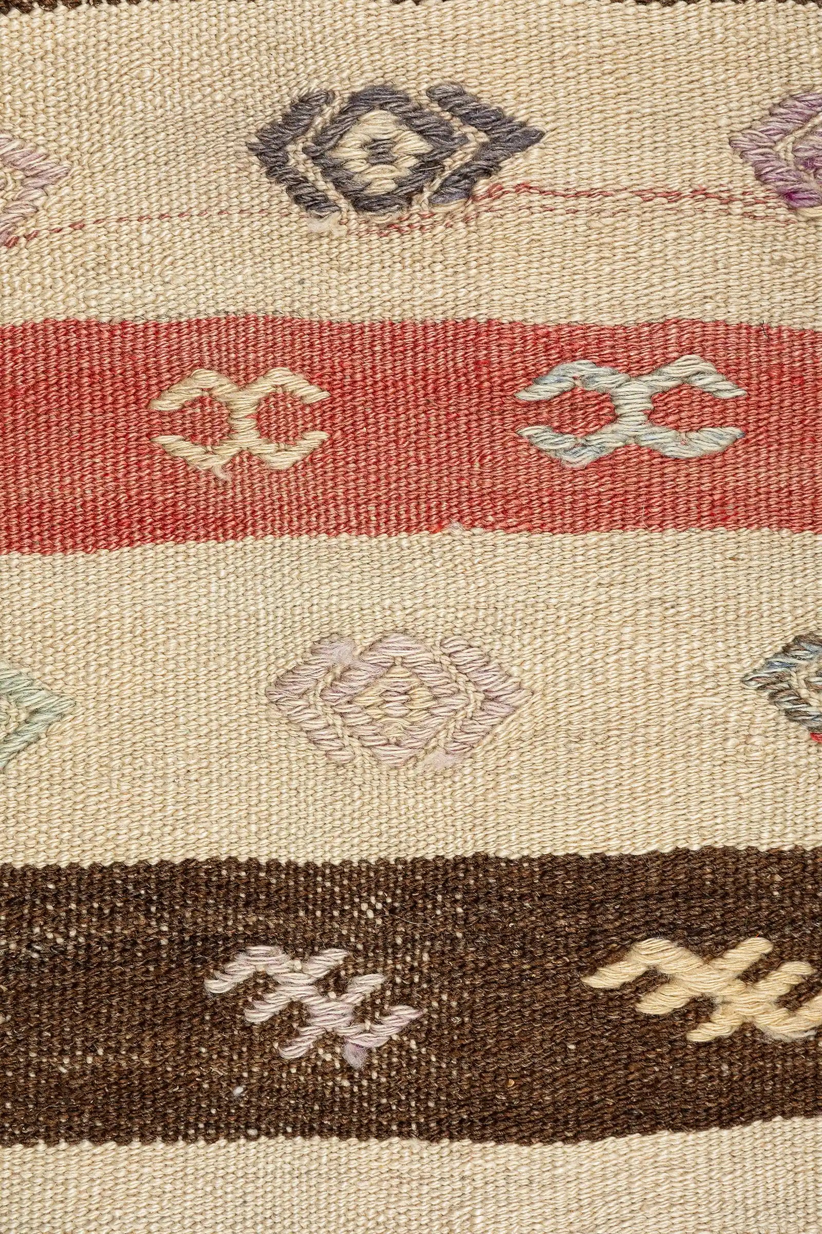 Detailaufnahme der Stickerei – kleine eingewebte Formen mit klarer Kantenführung in Lavendel, Zartgelb, Schwarz und Creme auf hellem Grund