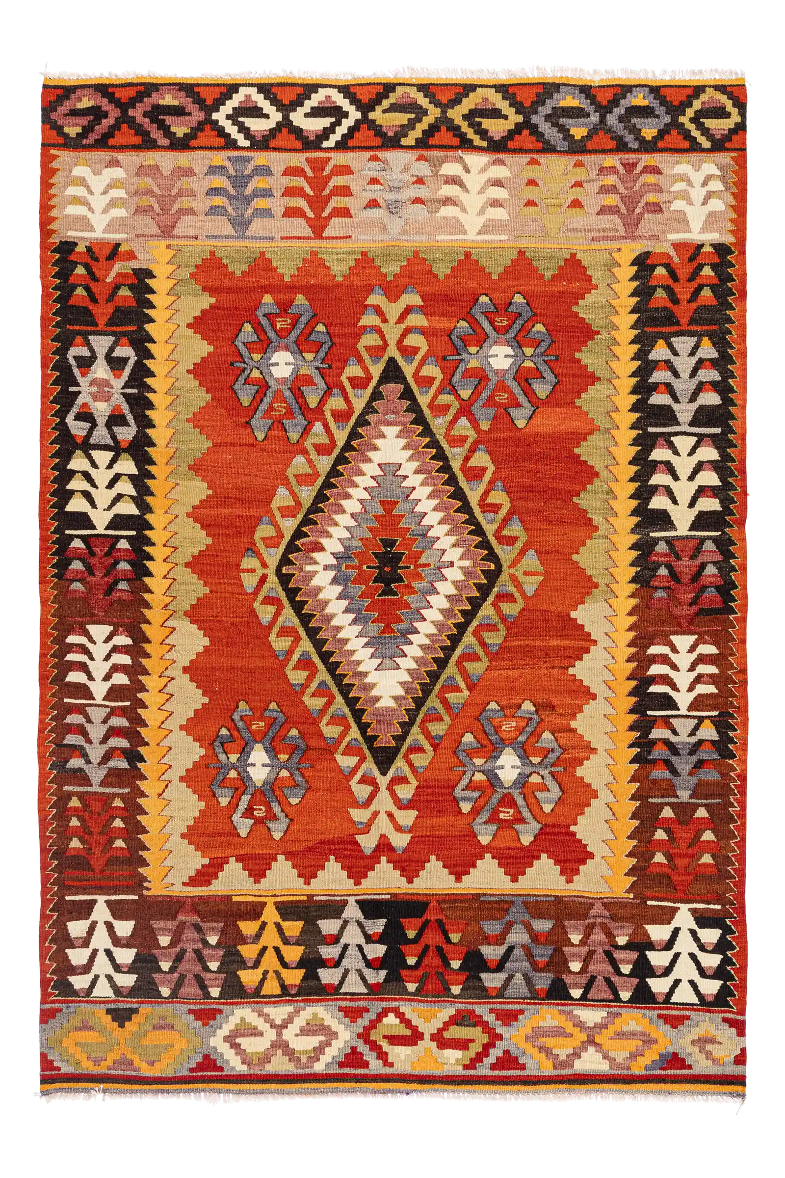 Gesamtansicht des ÇAL Kilims – rechteckiger Vintage-Kelim mit großem zentralem Rautenmedaillon, leuchtend rotem Fond und mehrfarbiger Umrandung aus grafisch gesetzten Formen