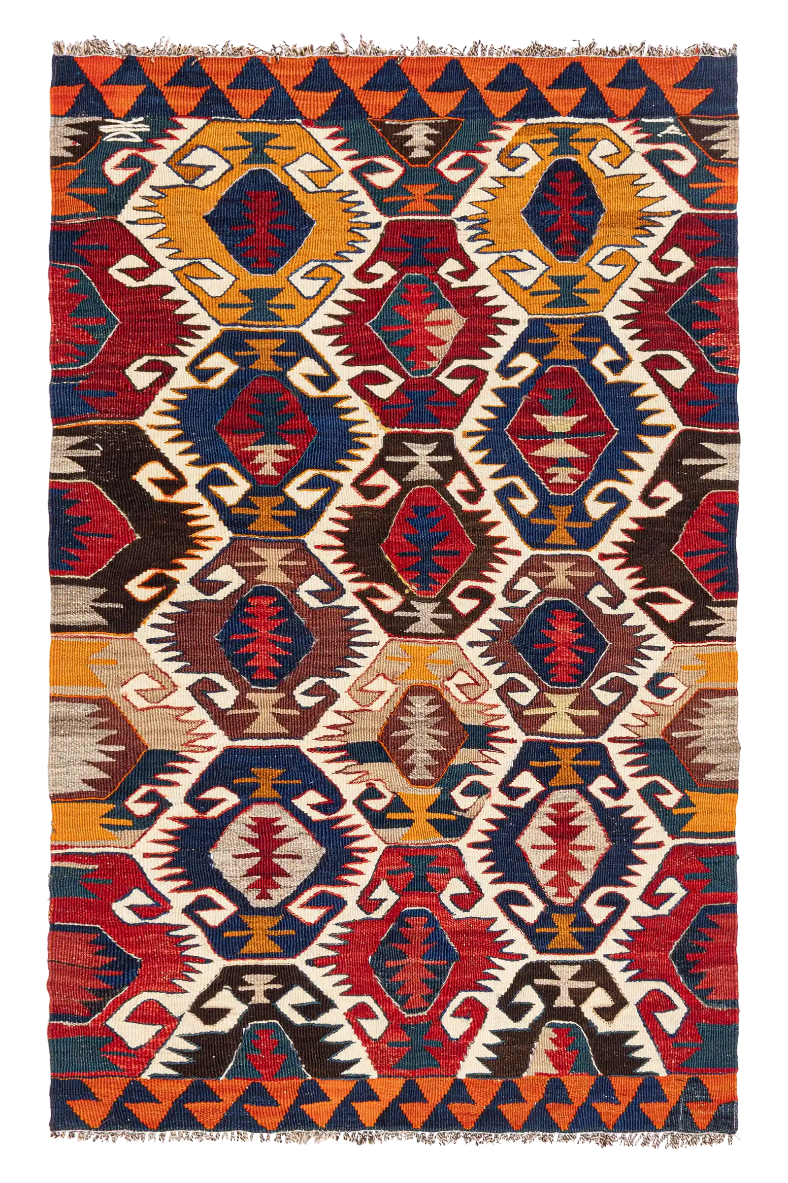 Gesamtansicht des MUT Kilims – rechteckiger Vintage-Kelim mit symmetrischer Reihung von mehreckigen Formen in Dunkelrot, Ocker, Nachtblau und Elfenbein auf kontrastreichem Fond