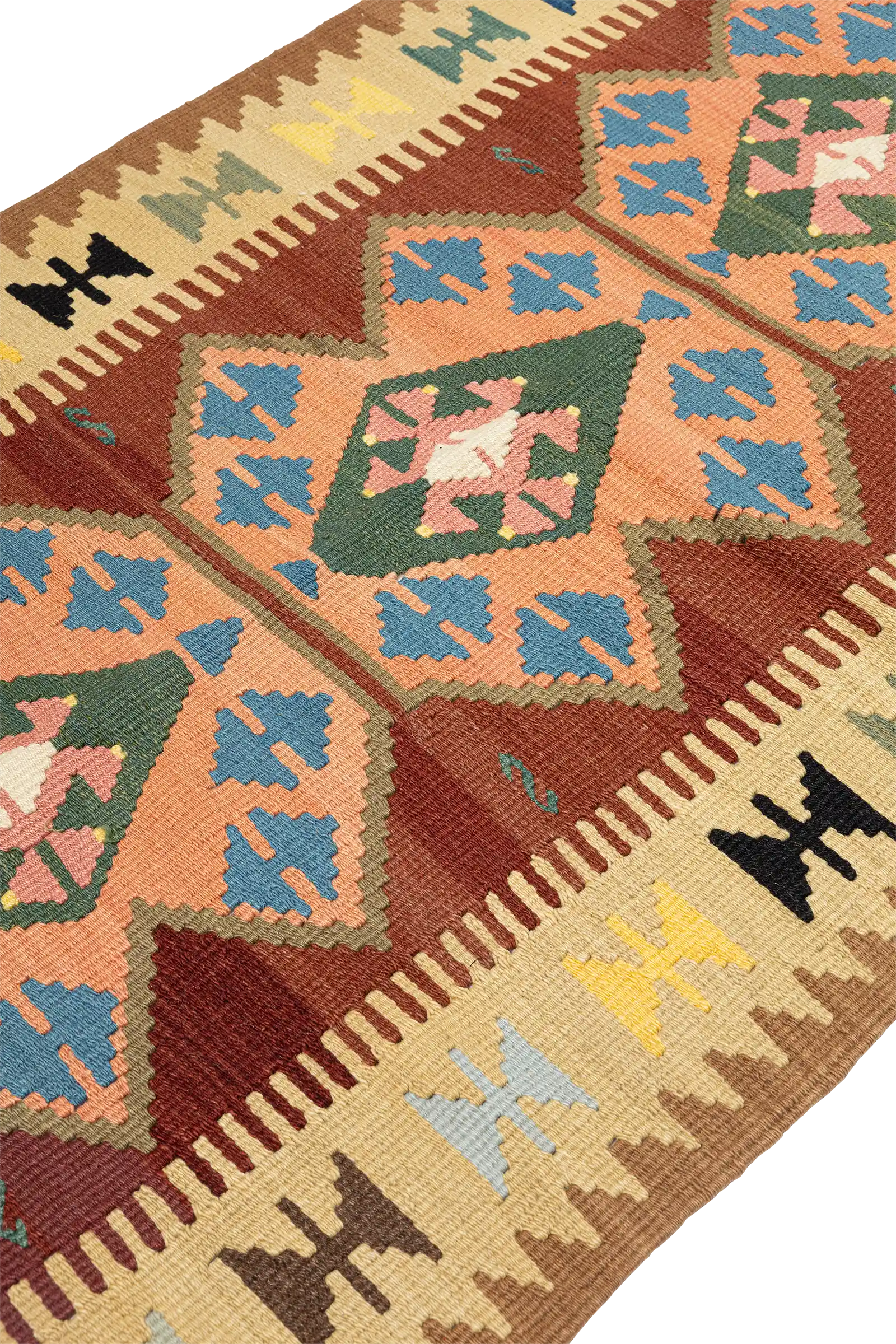 Schräge Seitenansicht – leuchtende Kelchformen in sich wiederholenden Farbabfolgen strukturieren den Rand, während das zentrale Doppelmotiv klar hervorsticht