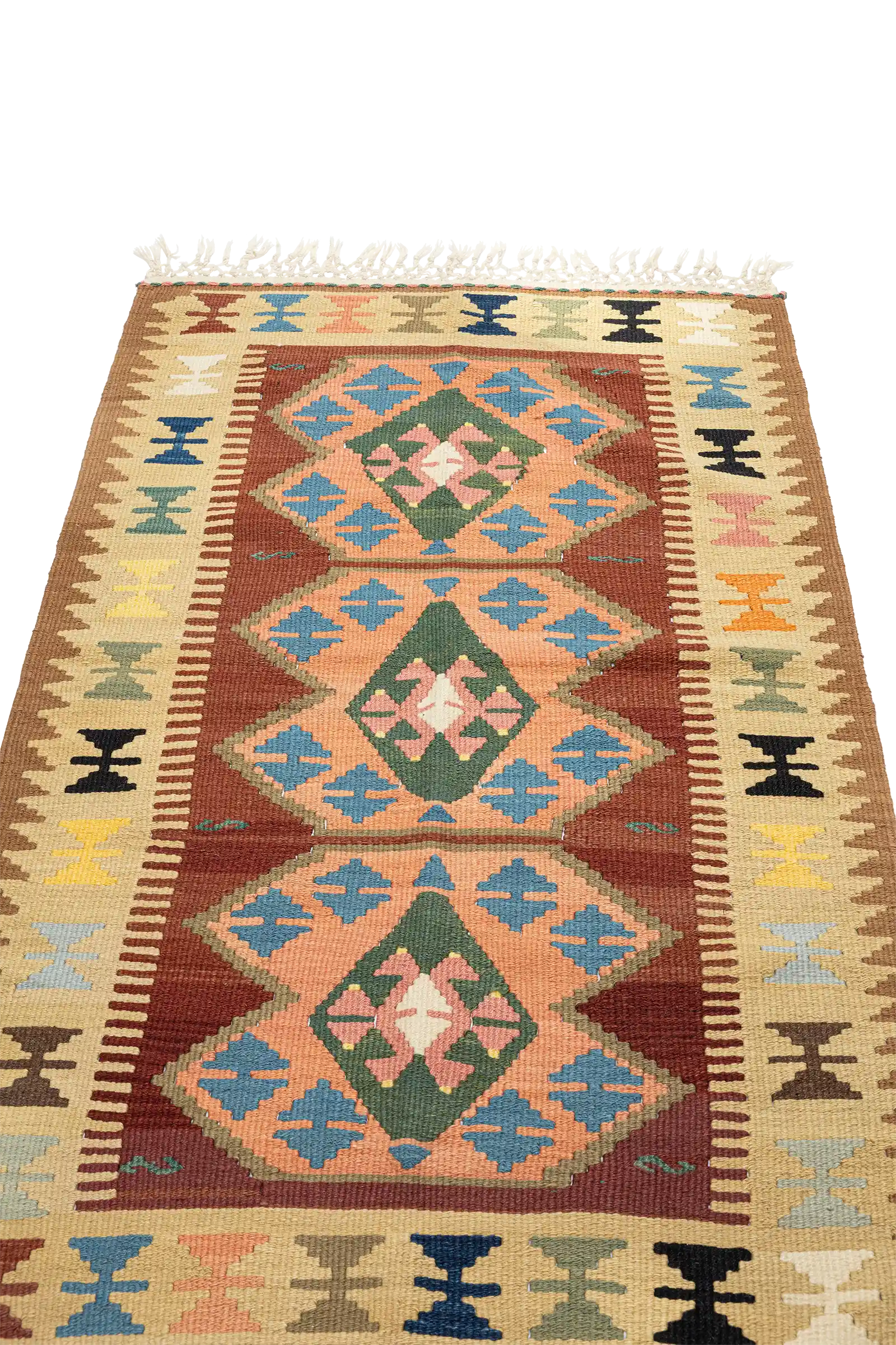 Perspektivische Ansicht – kontrastreiche Farbflächen und geometrische Komposition erzeugen räumliche Tiefe, die Bordüre verleiht dem Stück eine rhythmische Rahmung