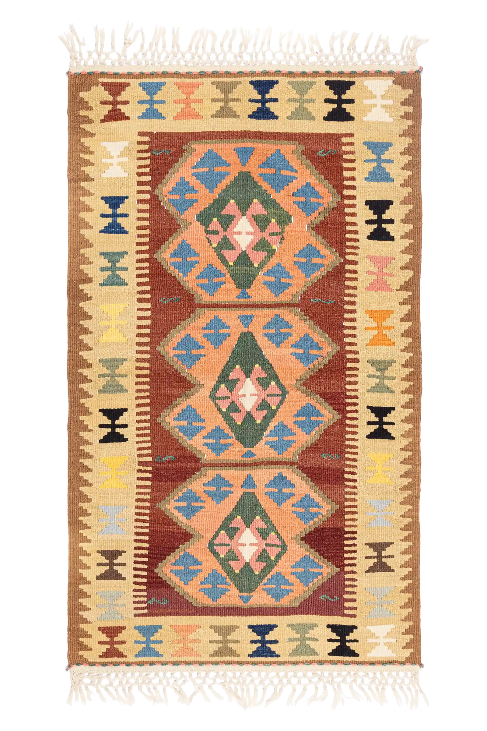 Gesamtansicht des MARDIN Kelims – rechteckiger Teppich mit großflächigem Rautenpaar in Rosé, Waldgrün, Türkisblau und Ziegelrot auf rötlich-braunem Grund, eingerahmt von bunten Bordüren mit Kelchformen