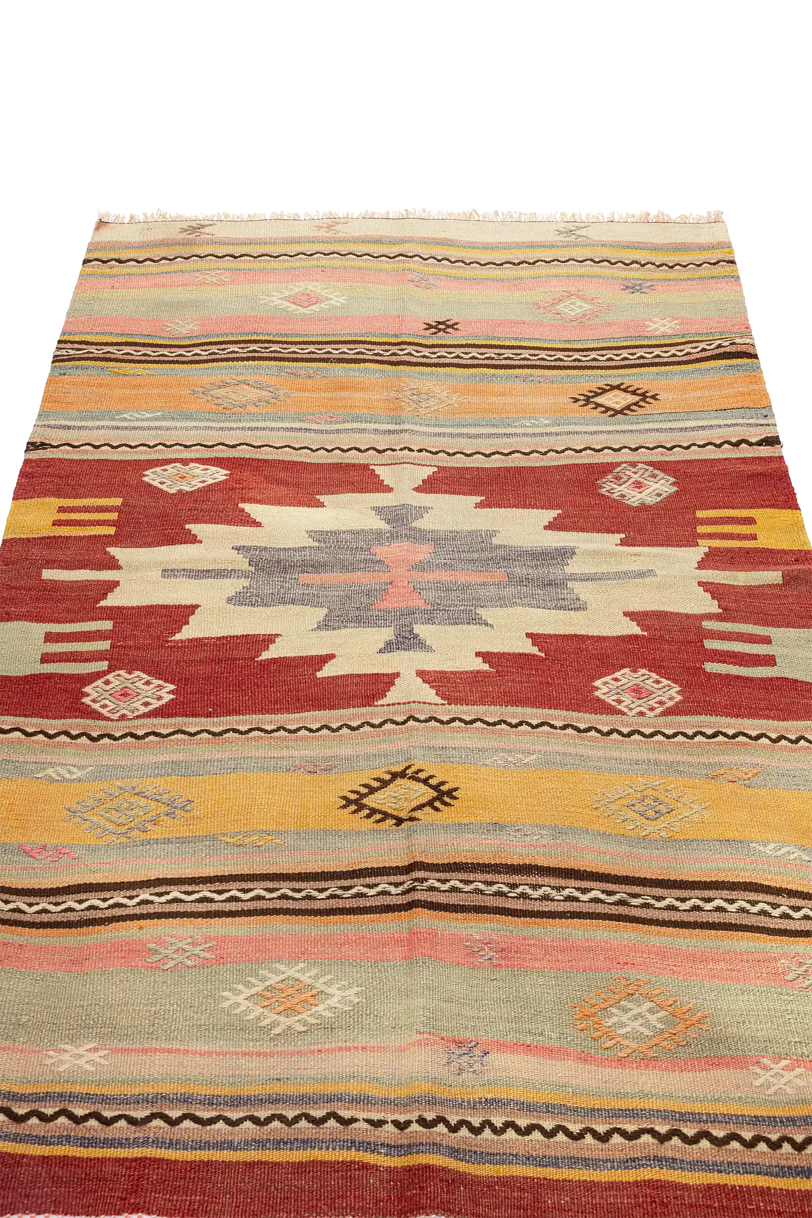 Schräge Ansicht des Kelims von der Seite – kontrastreiche Streifen und Symbolik in kräftigen Farben