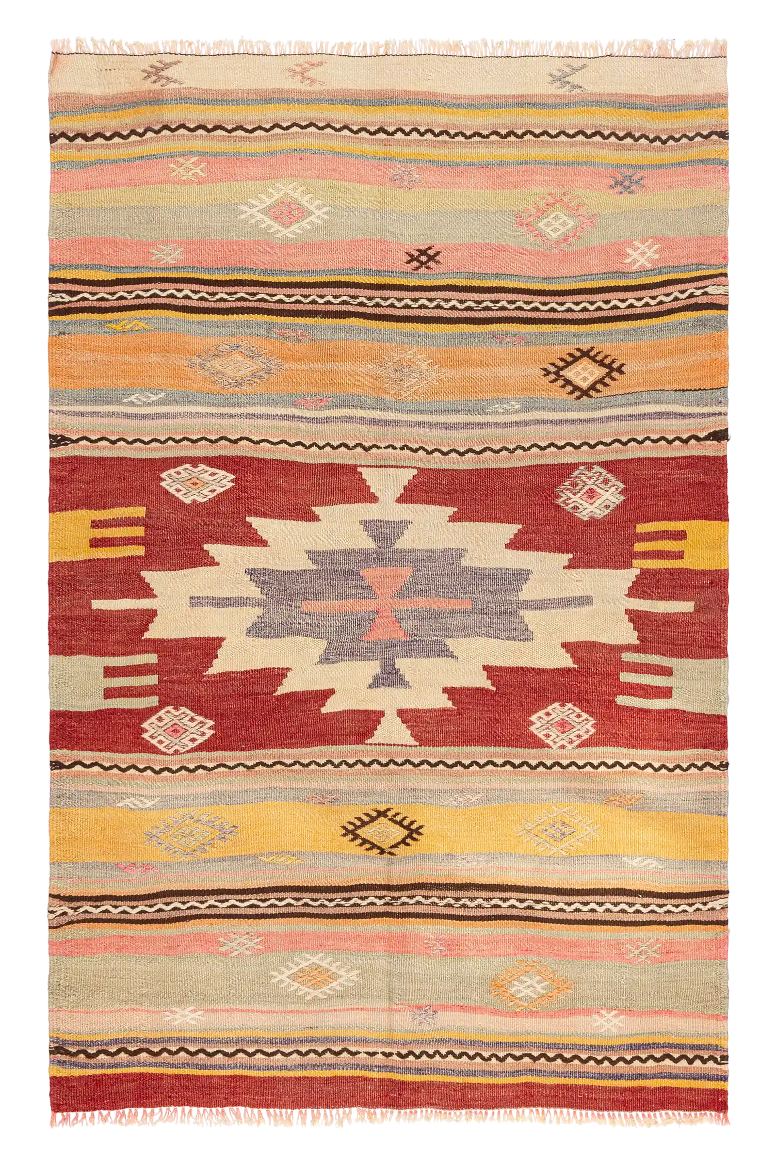 Gesamtansicht des DENIZLI Kelims (150×95 cm) – handgewebter Vintage-Kelim mit Streifen, Medaillon und Nomadensymbolen in Ziegelrot, Gelb und Pastelltönen