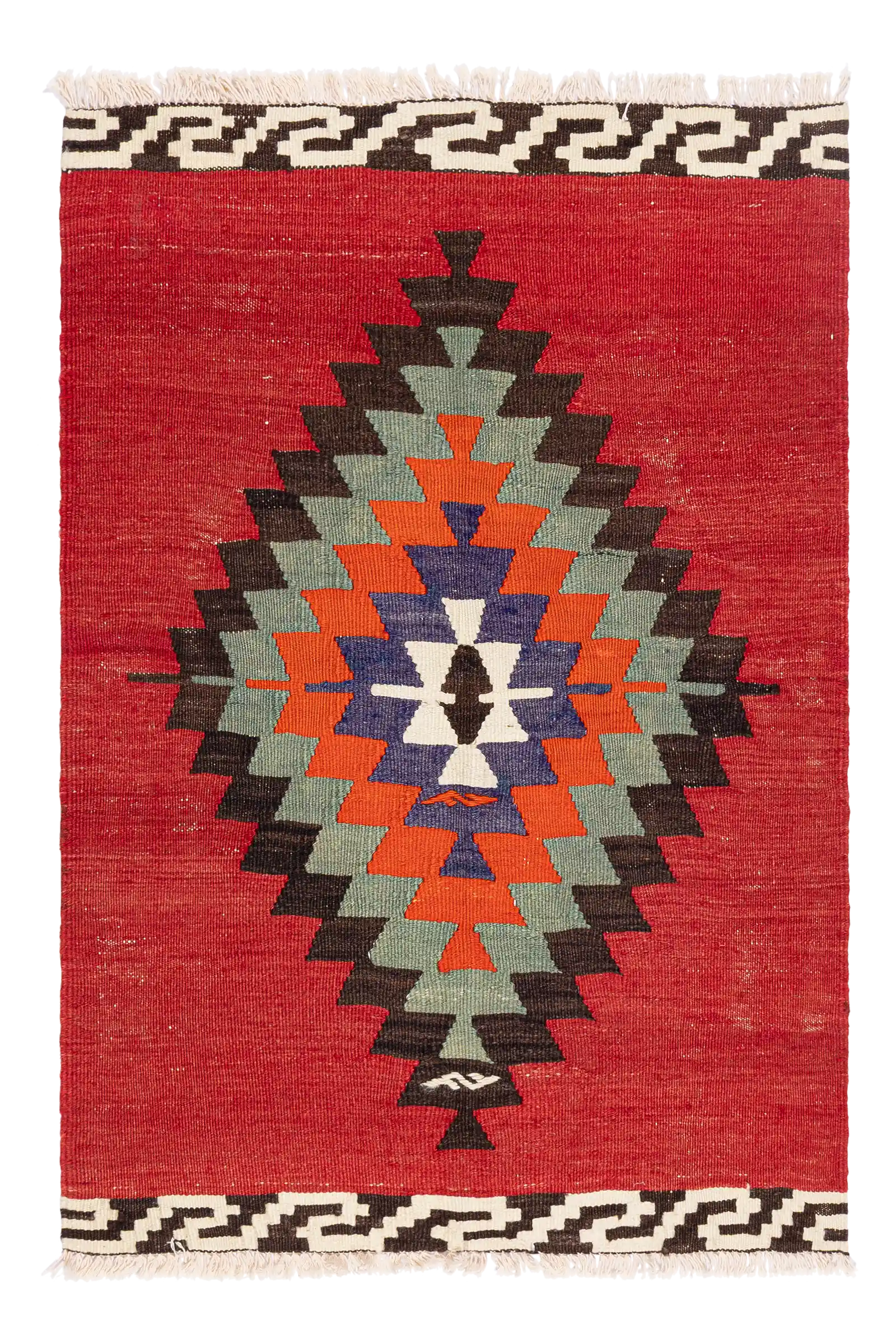 Gesamtansicht des KUTAHYA Kelims – kompakte Komposition mit großem, zentriertem Rhombus auf kräftigem Rotgrund, umgeben von Zackenbändern in Schwarz, Mint, Orange und Blau