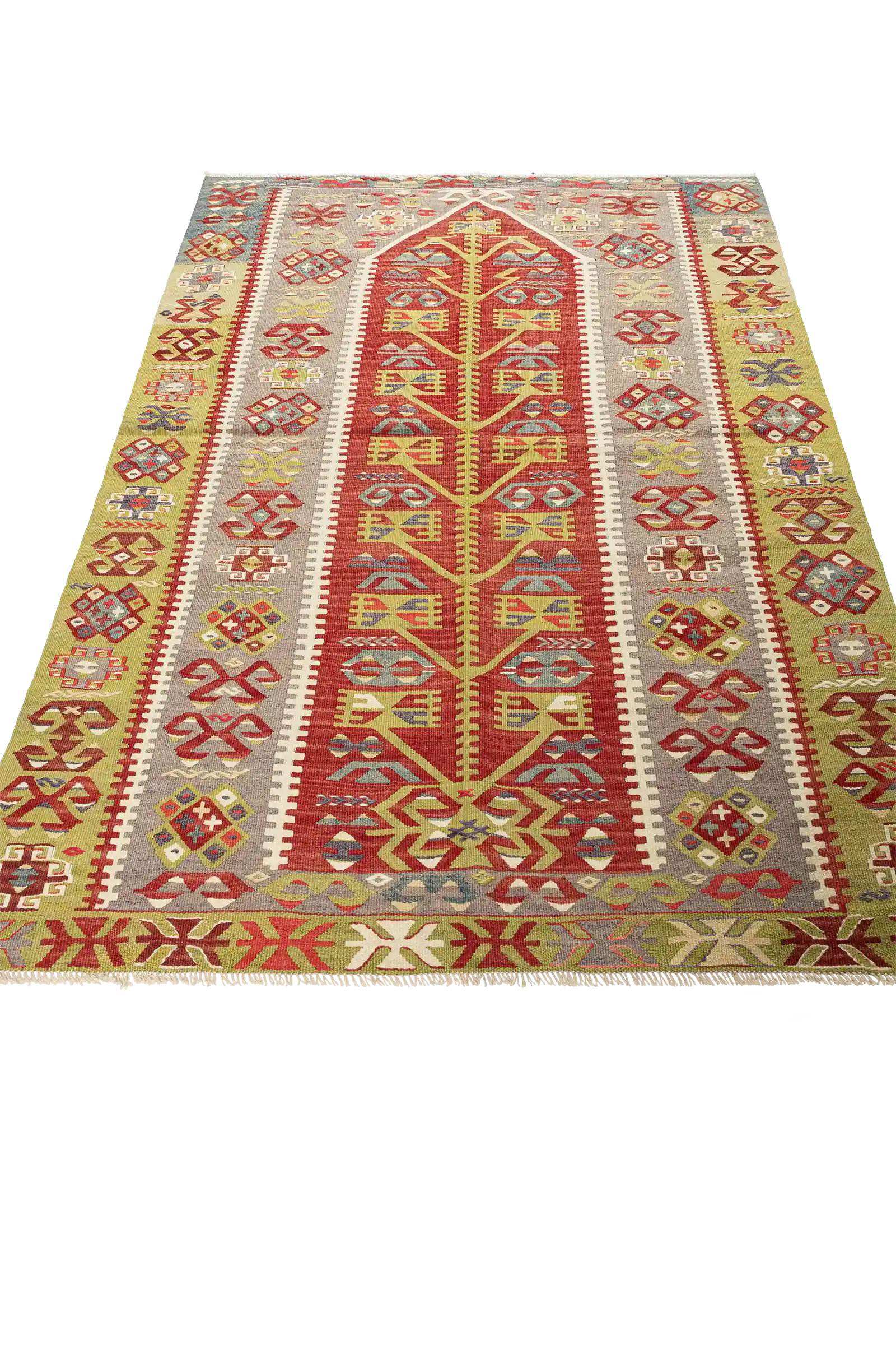 Perspektivische Ansicht – zeigt die zentrale vertikale Musterachse und die beidseitigen Bordüren mit eng gesetzten Ornamentformen