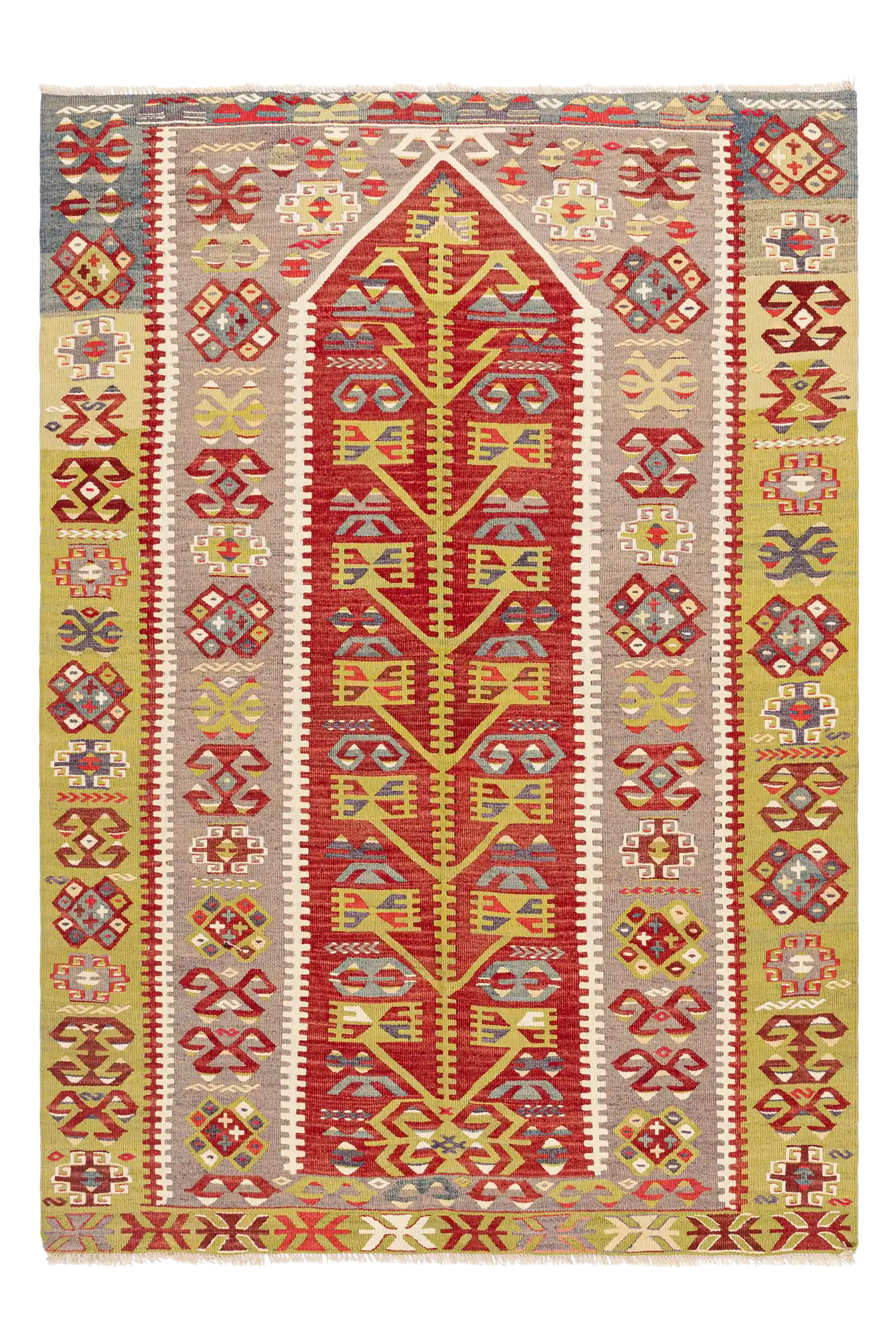 Gesamtansicht des ESME Kilims – rechteckiger Kelim mit zentralem Lebensbaum-Motiv in Gelb auf tiefrotem Grund, flankiert von zwei schmalen Bordüren mit symmetrischen Ornamenten auf beige-grauer Fläche, umrahmt von breiten Außenzonen in Olivgrün mit vielfältigen geometrischen Symbolen