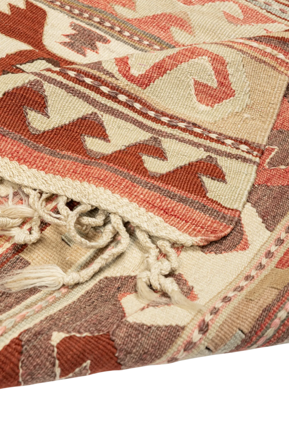 Wild Heart Free Soul Vintage Kelim aus Afyon, handgewebt aus Schafwolle in Beige, Rot und Braun mit Fransen