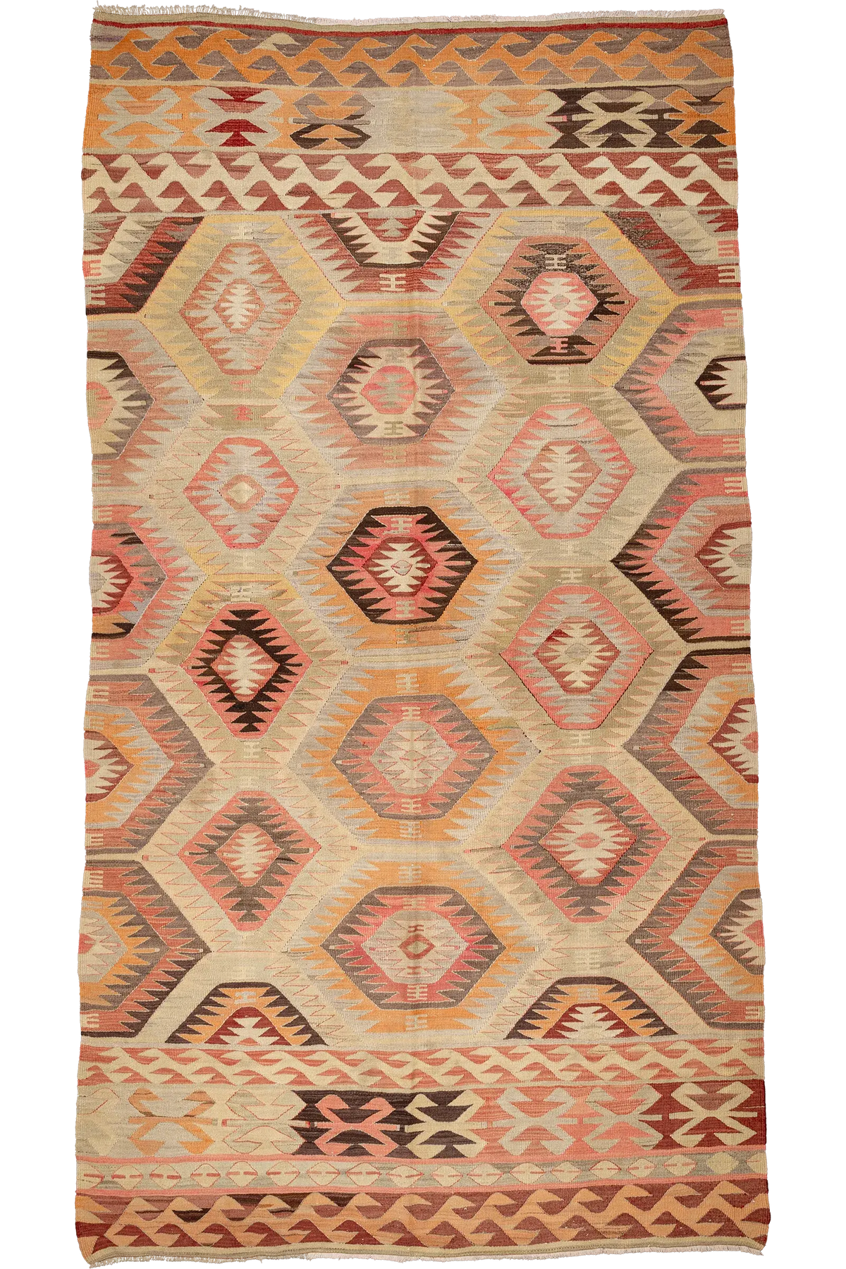 Wild Heart Free Soul Vintage Kelim aus Denizli mit geometrischen Mustern in Pink, Apricot und Erdtönen auf Creme