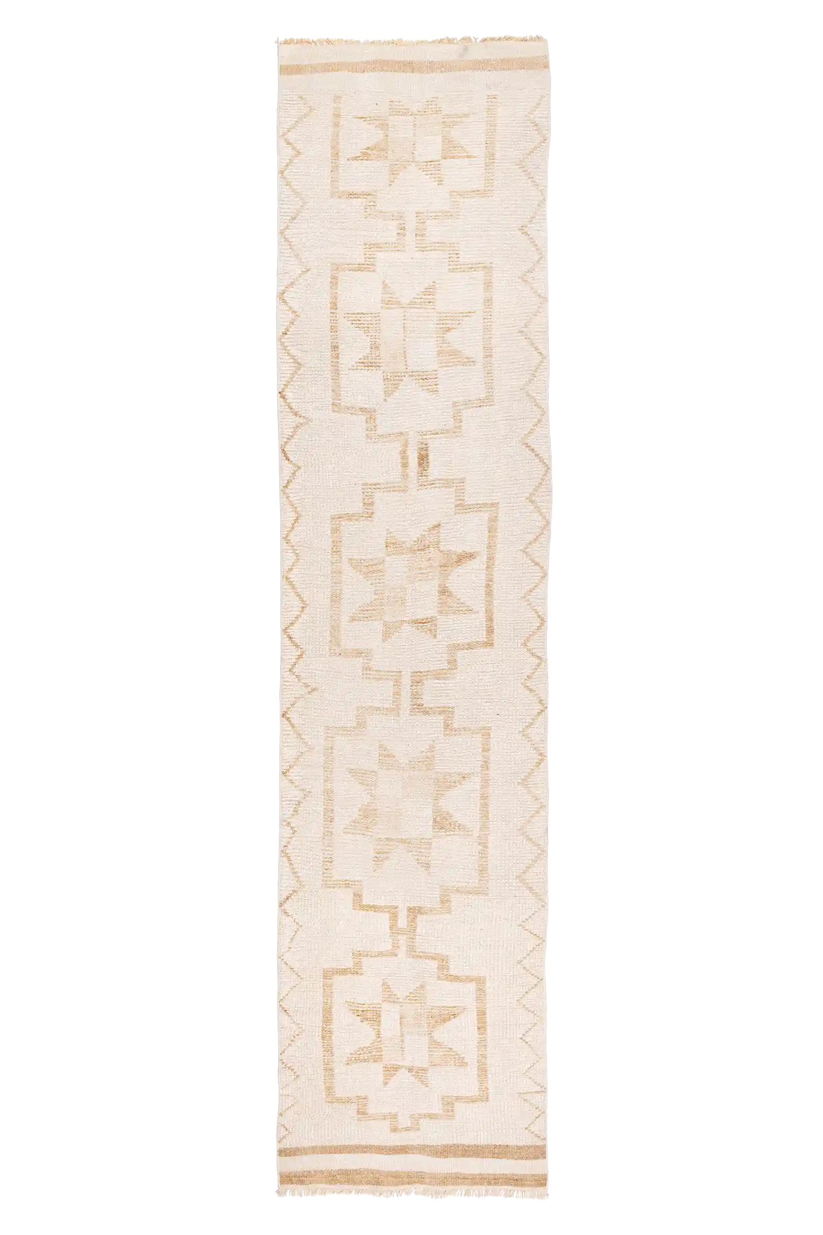 Draufsicht auf einen schmalen, handgewebten Vintage Teppich in Beige mit einer Reihe großer, rechteckig gerahmter Sternmotive in heller, monochromer Farbgebung und gezacktem Randmuster entlang der Längsseiten.