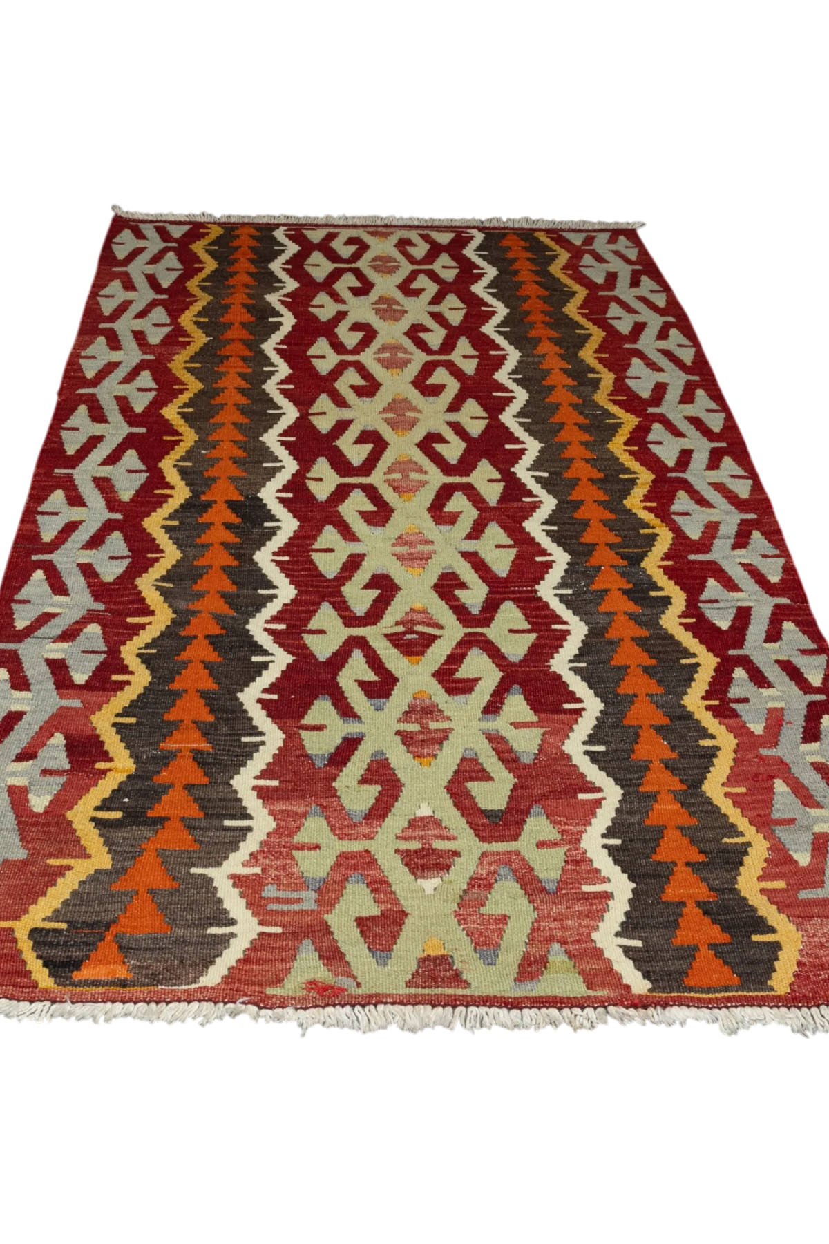 Wild Heart Free Soul handgewebter Vintage-Kelim aus Anatolien mit geometrischen Mustern in Rot, Orange und Beige