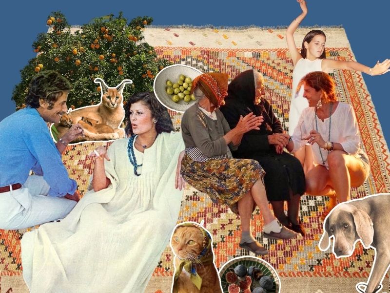 Collage auf einem bunten Kilim-Teppich mit Menschen, Tieren, Oliven, Obst und einem Orangenbaum vor blauem Hintergrund.