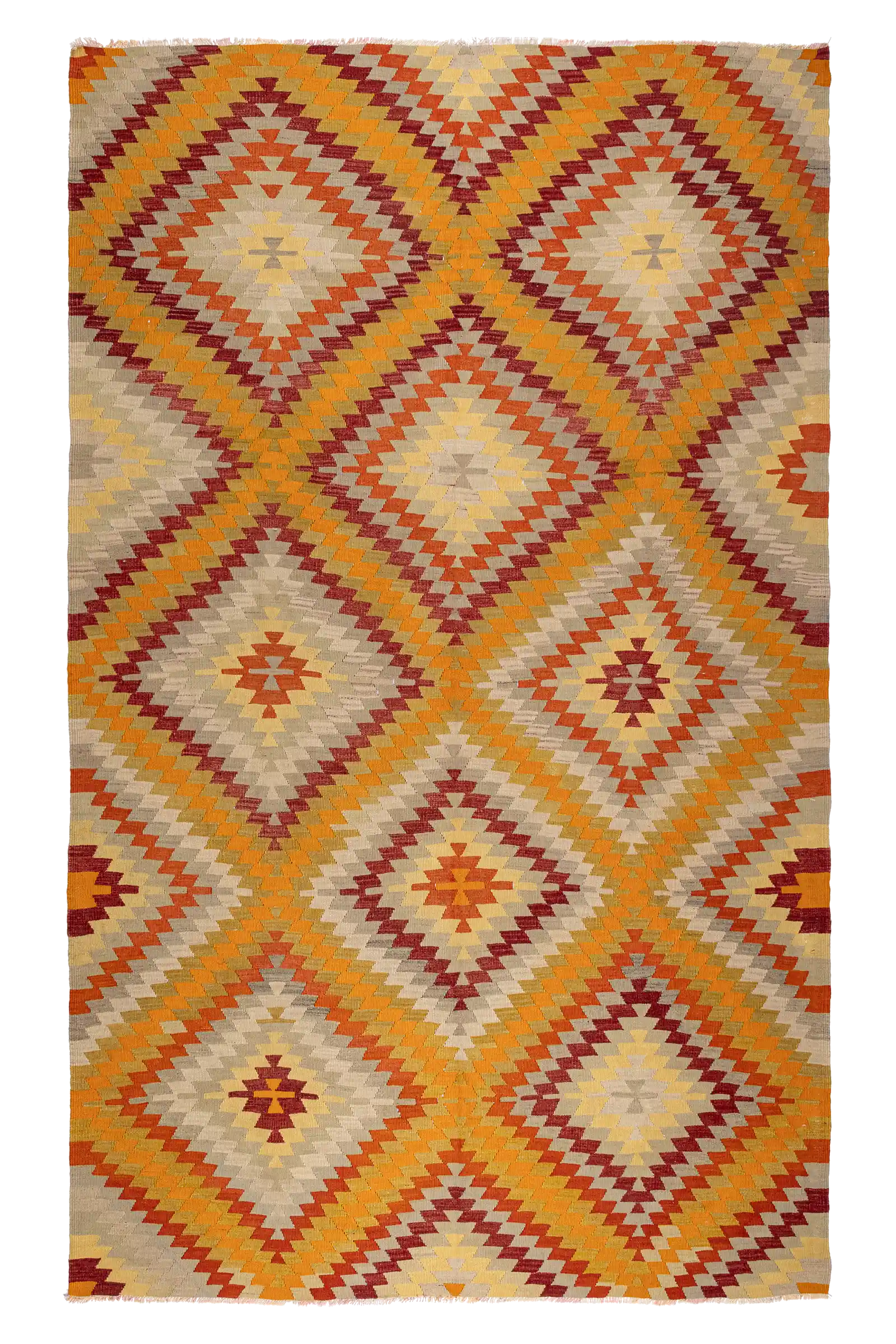 Gesamtansicht des DENIZLI Kilims – großformatiger Vintage-Kelim mit durchgehendem Rautenmuster in Gelb, Orange, Ocker und Karminrot