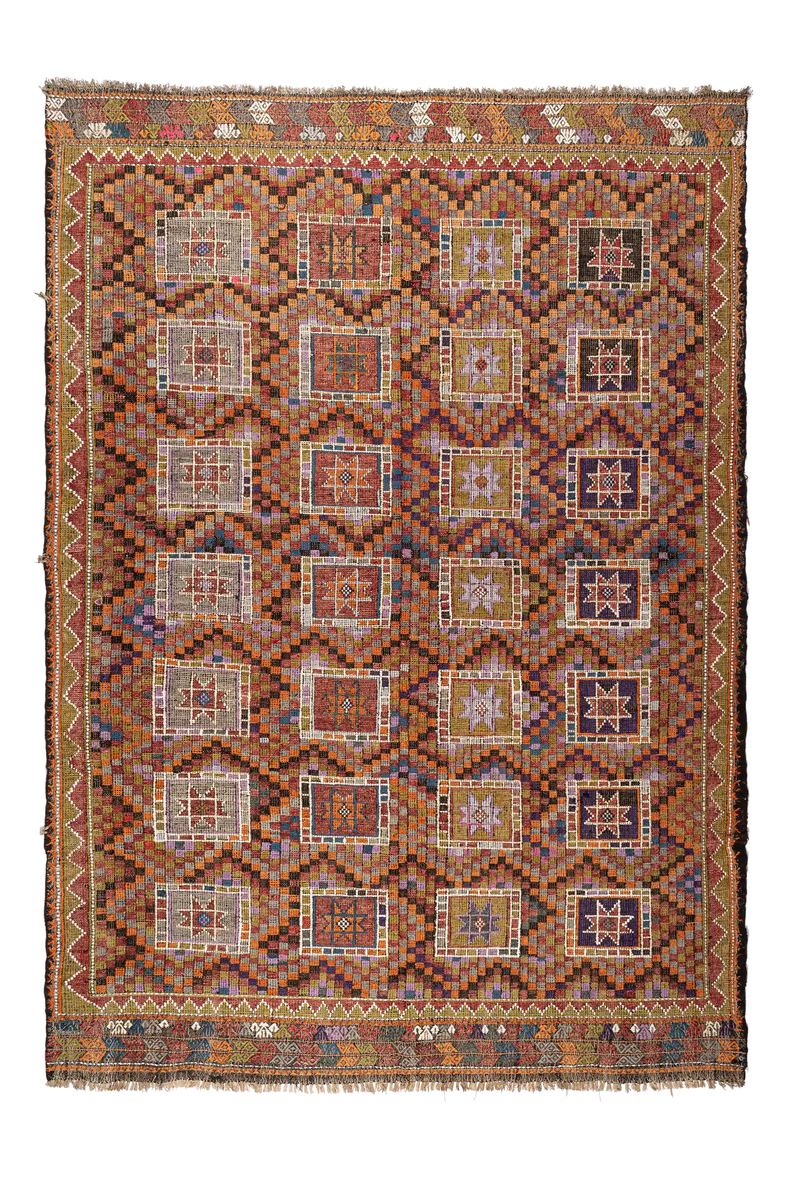 Rechteckiger Vintage-Kelim mit kleinteiligem Mosaikmuster in abgestuften Farben aus Orange, Lila, Olive, Schwarz, Rost und Creme. Das zentrale Feld ist in Felder unterteilt, die jeweils ein sternförmiges Motiv in einem kontrastierenden Rechteck zeigen. Der Kilim ist von mehreren Bordüren umrahmt.