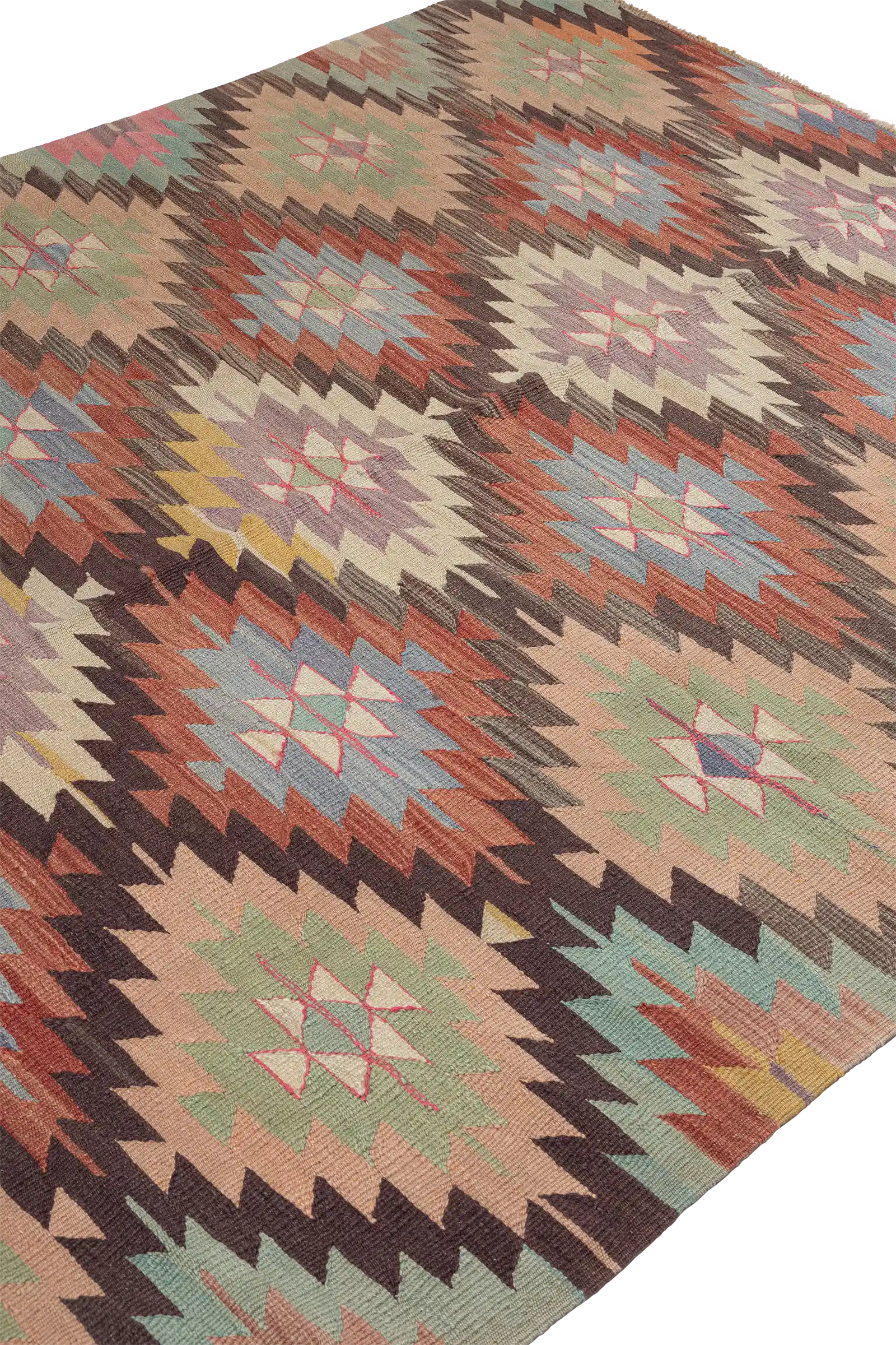 Schräge Seitenansicht des SEYITGAZI Kilims – handgewebte Textur und Musterverlauf aus seitlichem Blickwinkel