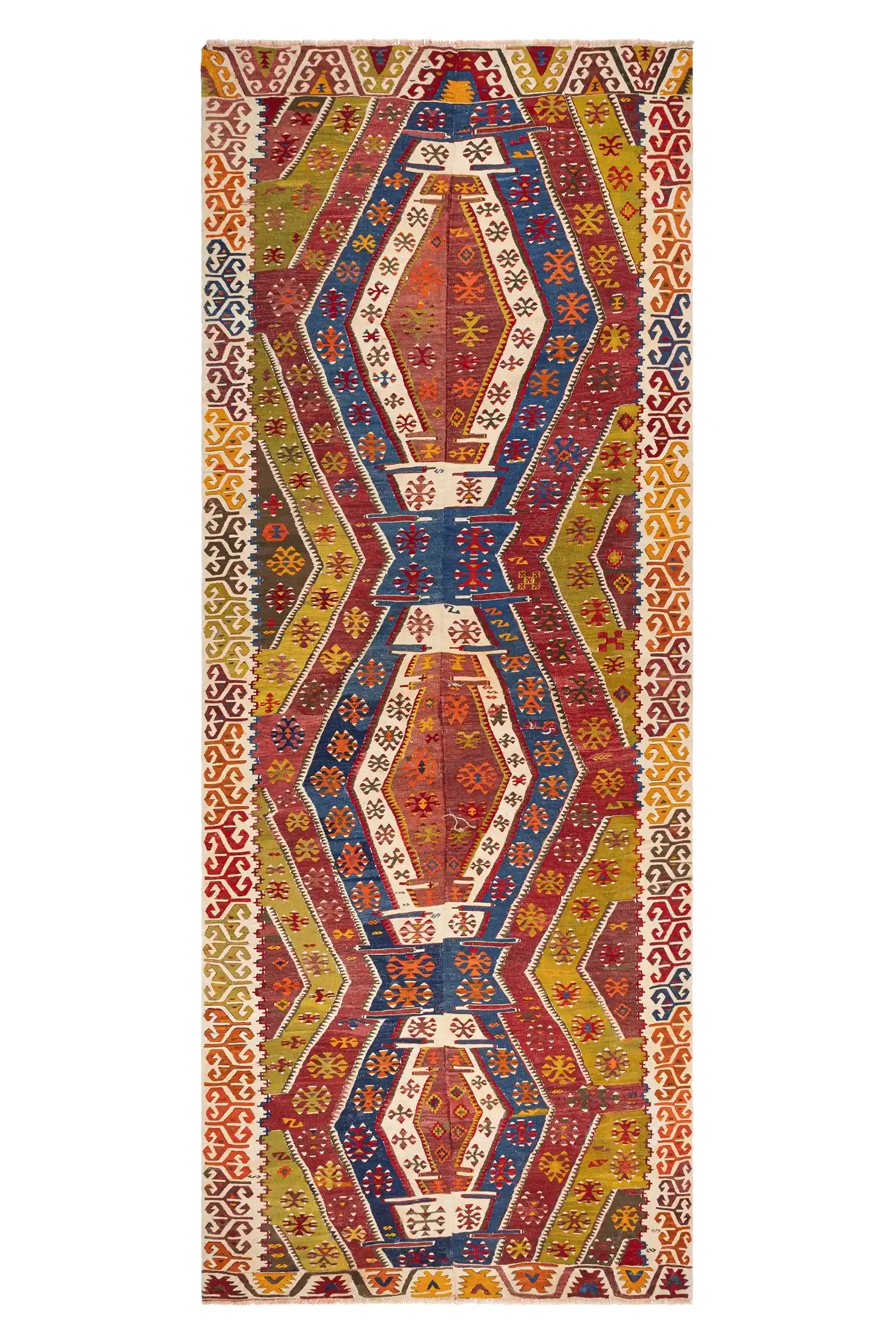 Rechteckiger Vintage-Kelim in Hochformatansicht, mit komplexen geometrischen Mustern in kräftigen Farben wie Rot, Blau, Grün, Orange und Elfenbein, eingerahmt von gemusterten Bordüren.