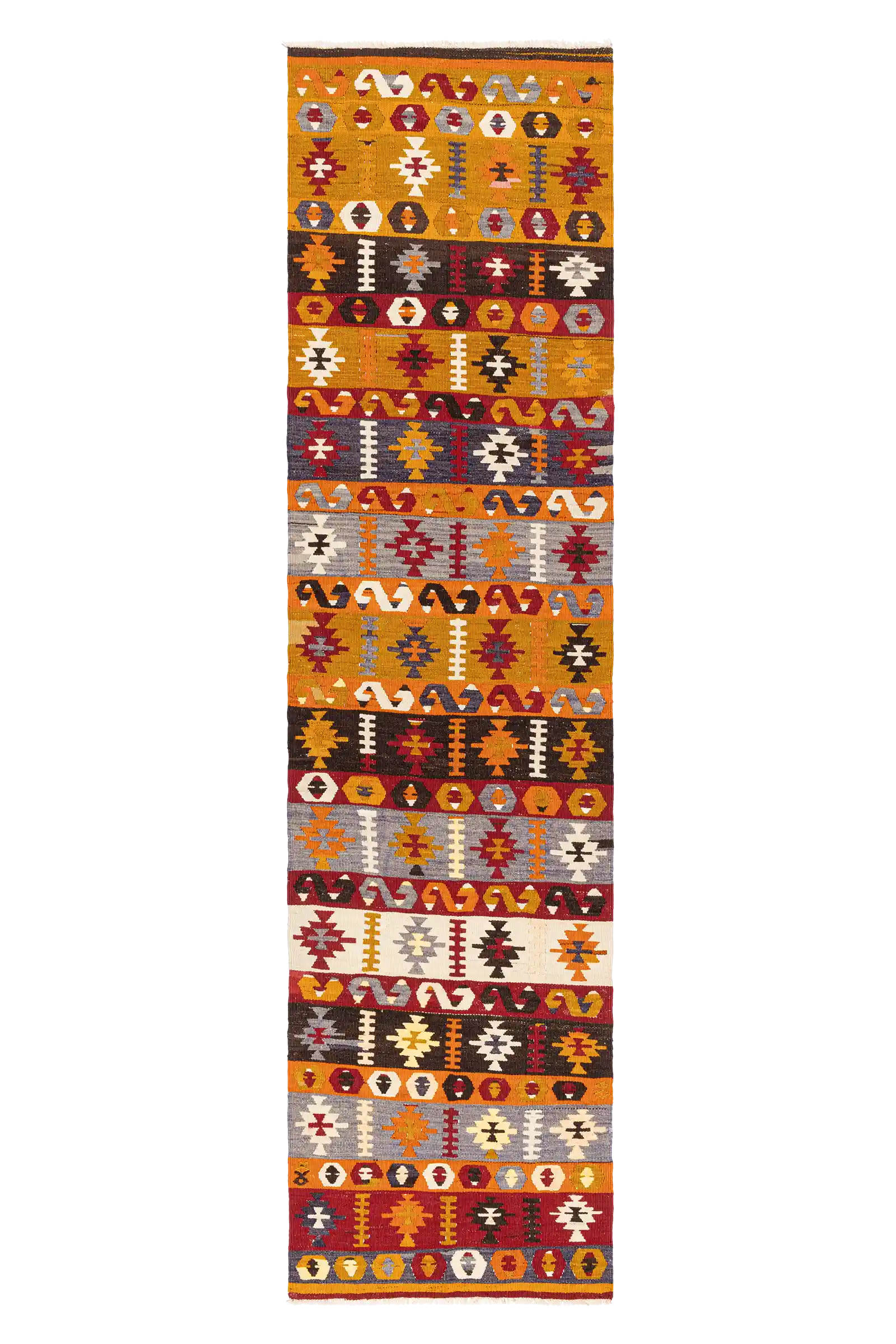 Gesamtansicht des BALIKESIR Kilims – schmaler Läufer mit abwechselnden Reihen aus sternartigen, rautenbasierten und diagonalen Elementen auf kräftig gefärbtem Grund